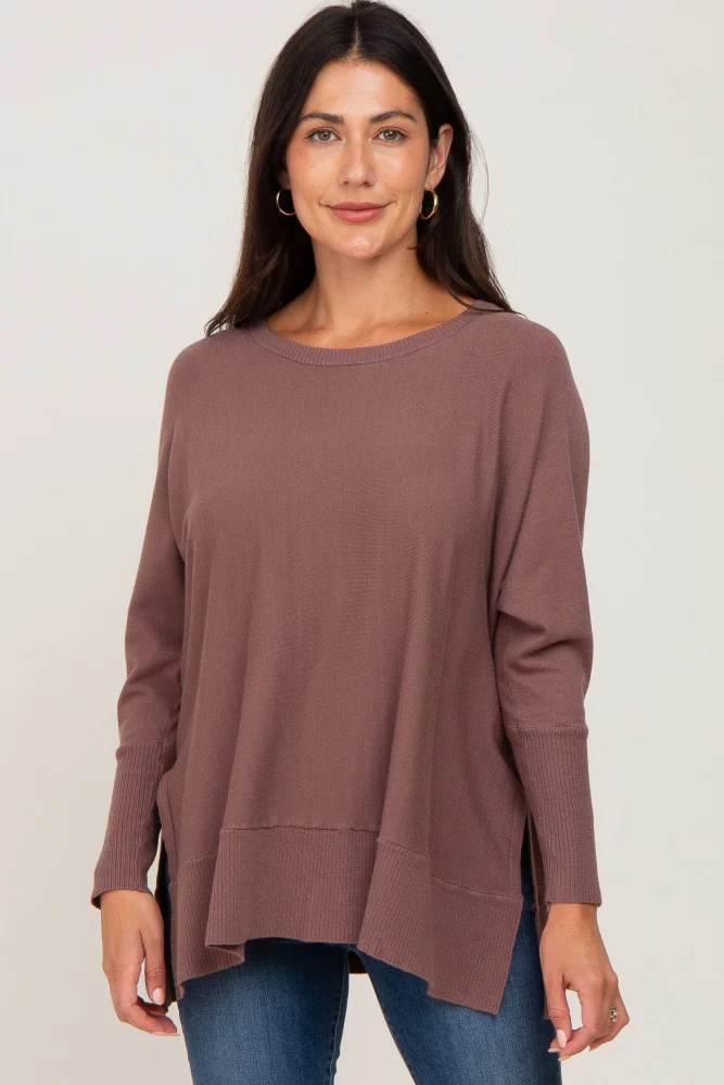 Mocha Dolman Sleeve Side Slit Maternity Sweater - Image 5