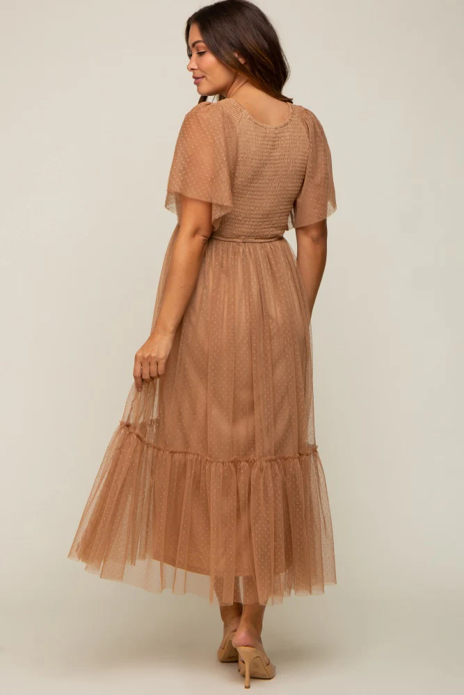 Mocha Dotted Tulle Smocked Maternity Midi Dress - Image 3