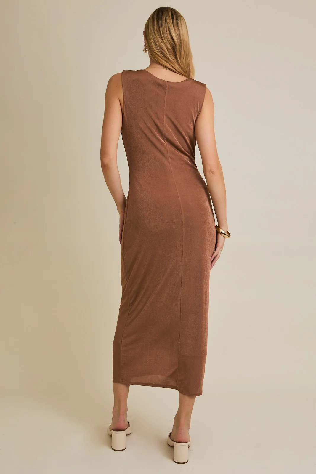 Mocha Draped Neck Sleeveless Midi Dress - Image 4