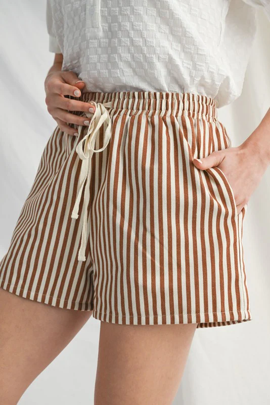 Mocha Drawstring Waist Striped Shorts - Image 5