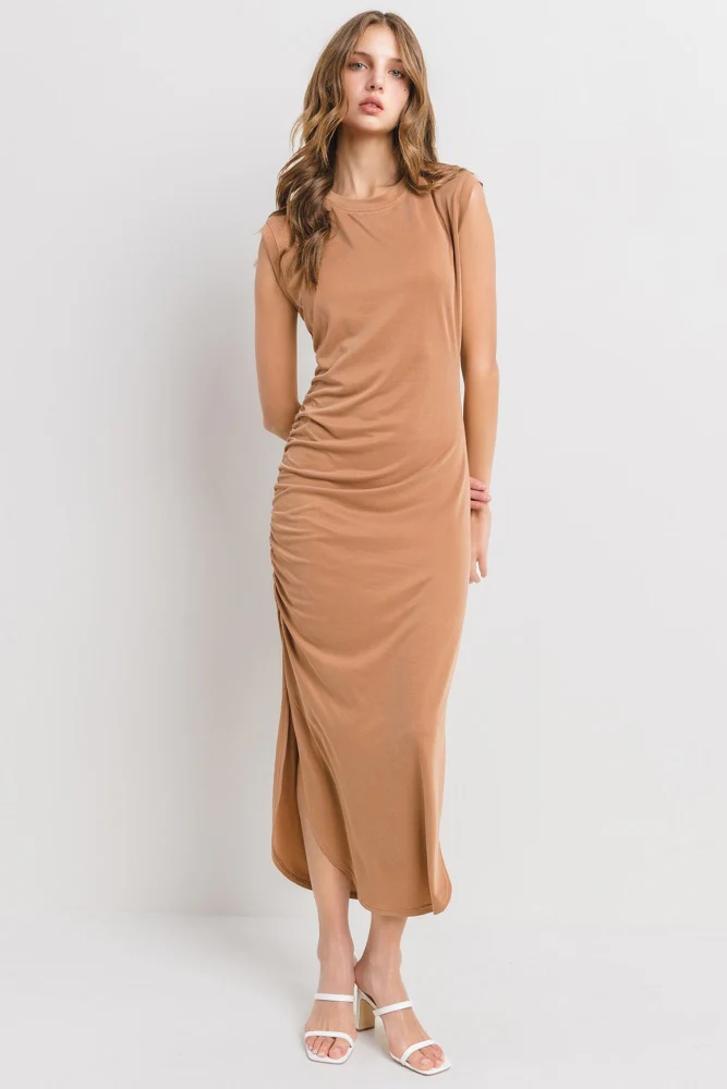 Mocha Fitted Maternity Midi Dress - Image 3