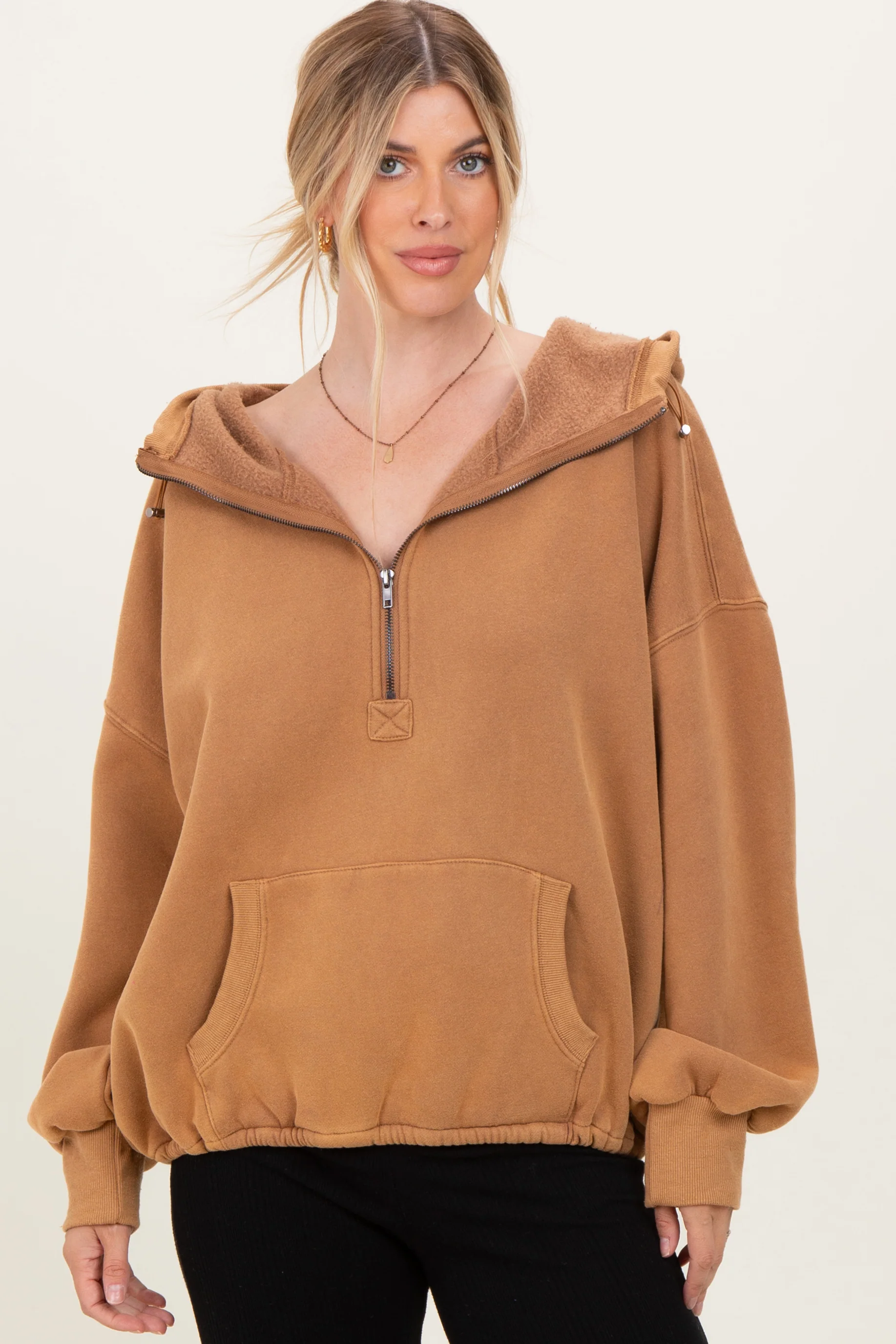 Mocha Fleece Half Zip Drop Shoulder Maternity Hoodie - Image 5