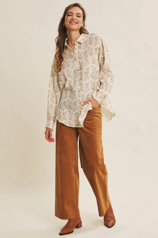 Mocha Floral Cotton Gauze Oversized Button-Down Maternity Shirt - Image 5