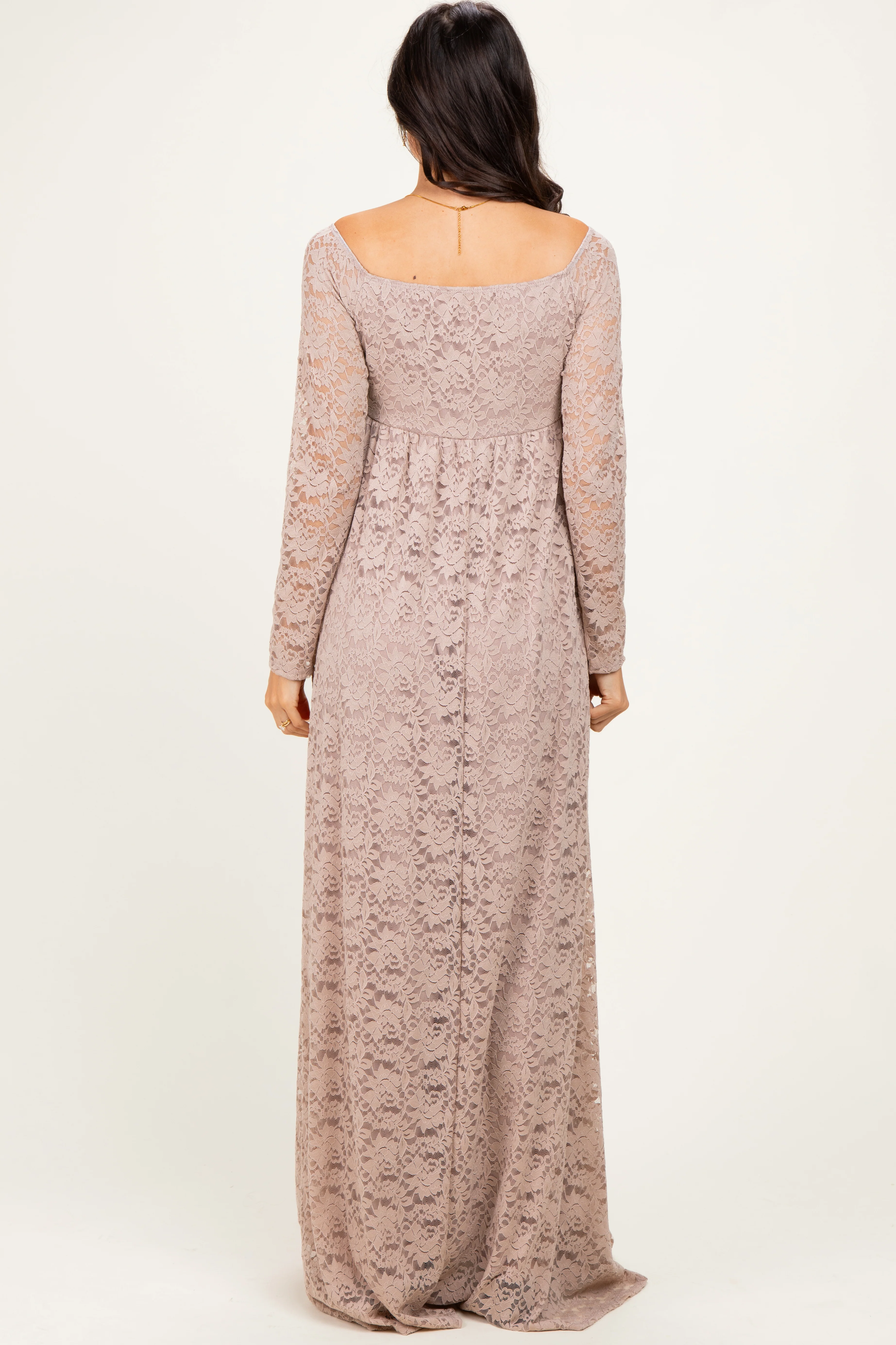 Mocha Floral Lace Long Sleeve Off Shoulder Maxi Dress - Image 4
