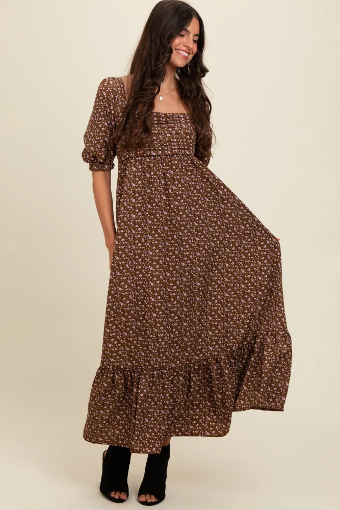 Mocha Floral Pleated Bodice Maxi Dress - Image 2