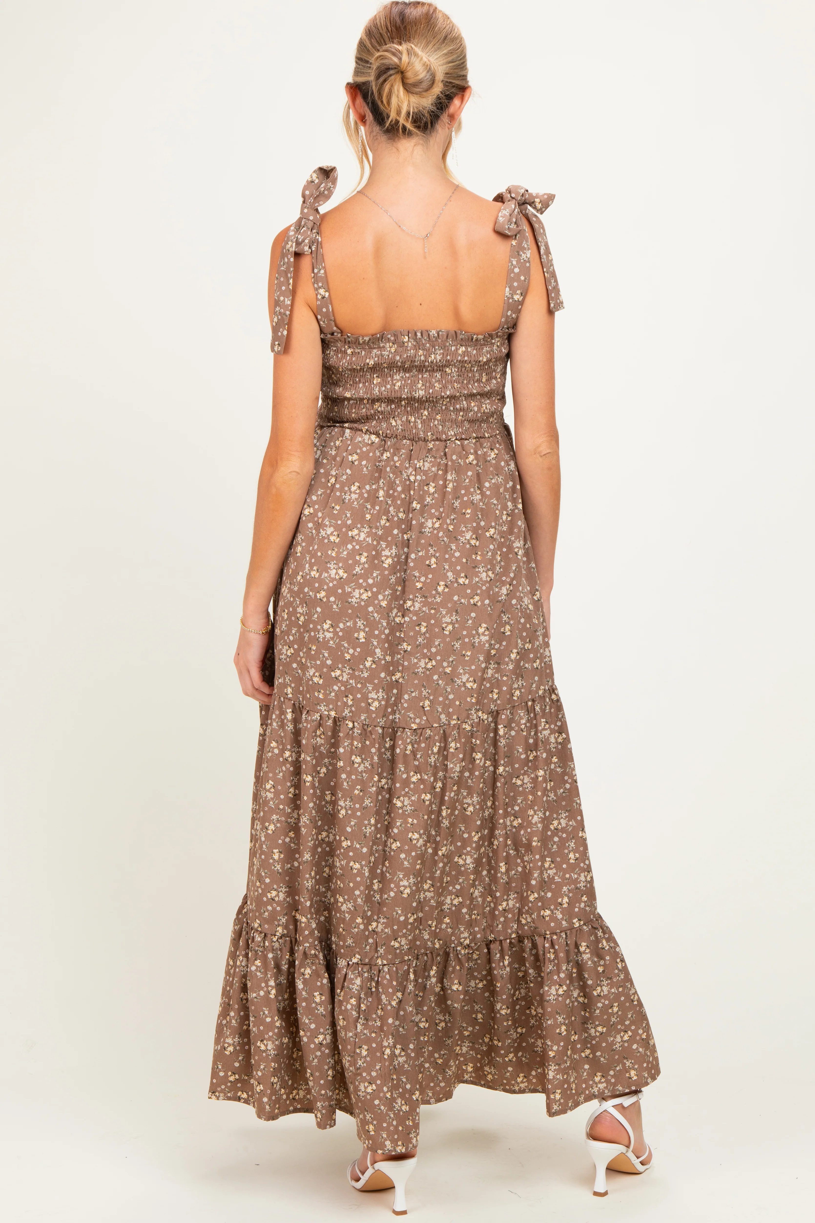 Mocha Floral Shoulder Tie Maternity Maxi Dress - Image 3