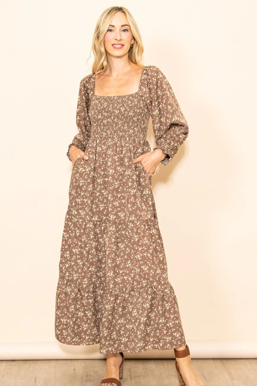 Mocha Floral Smocked Long Sleeve Maternity Maxi Dress - Image 11