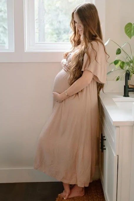 Mocha Front Tie Ruffle Sleeve Maternity Midi Dress - Image 4