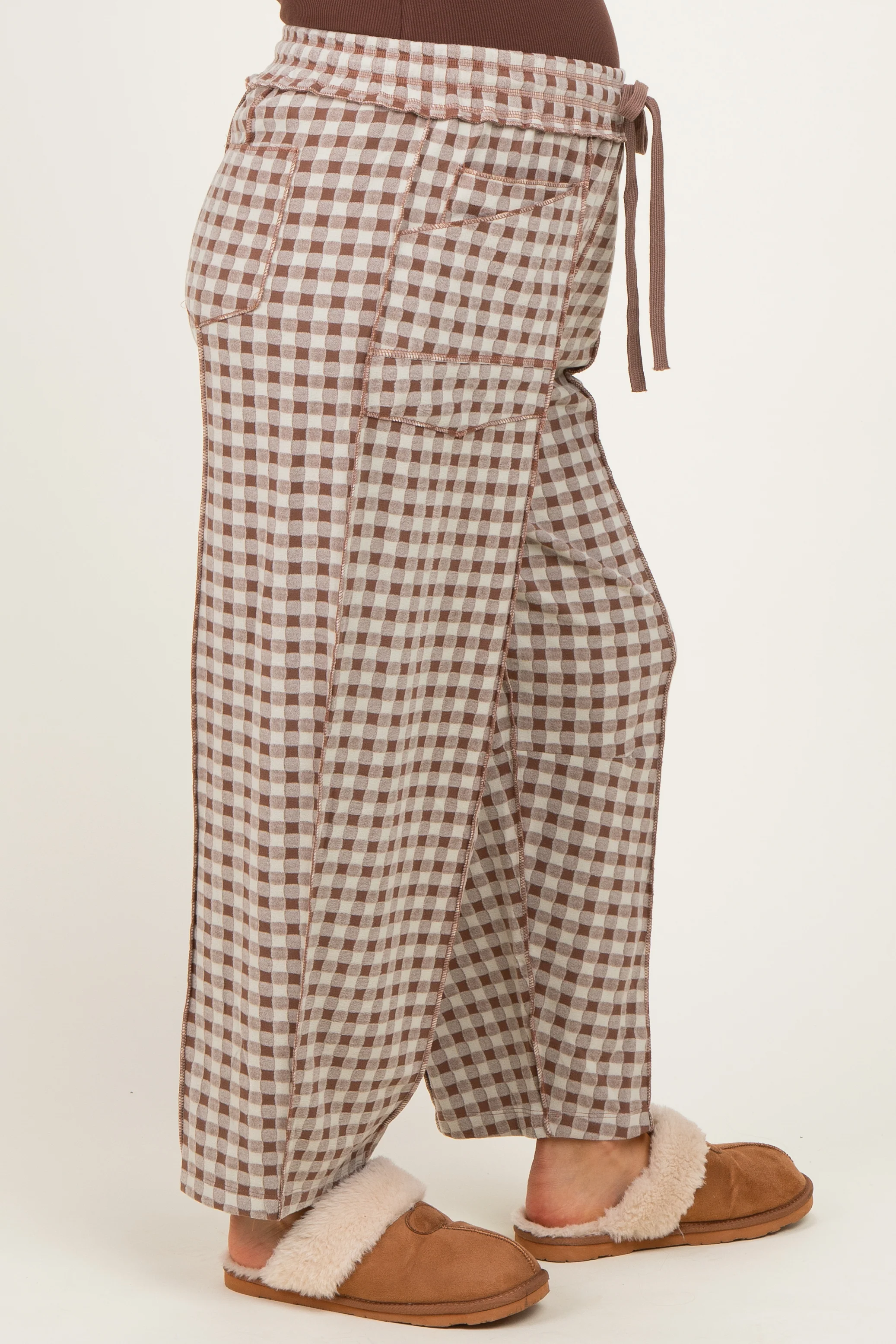 Mocha Gingham Barrel Leg Maternity Pants - Image 3