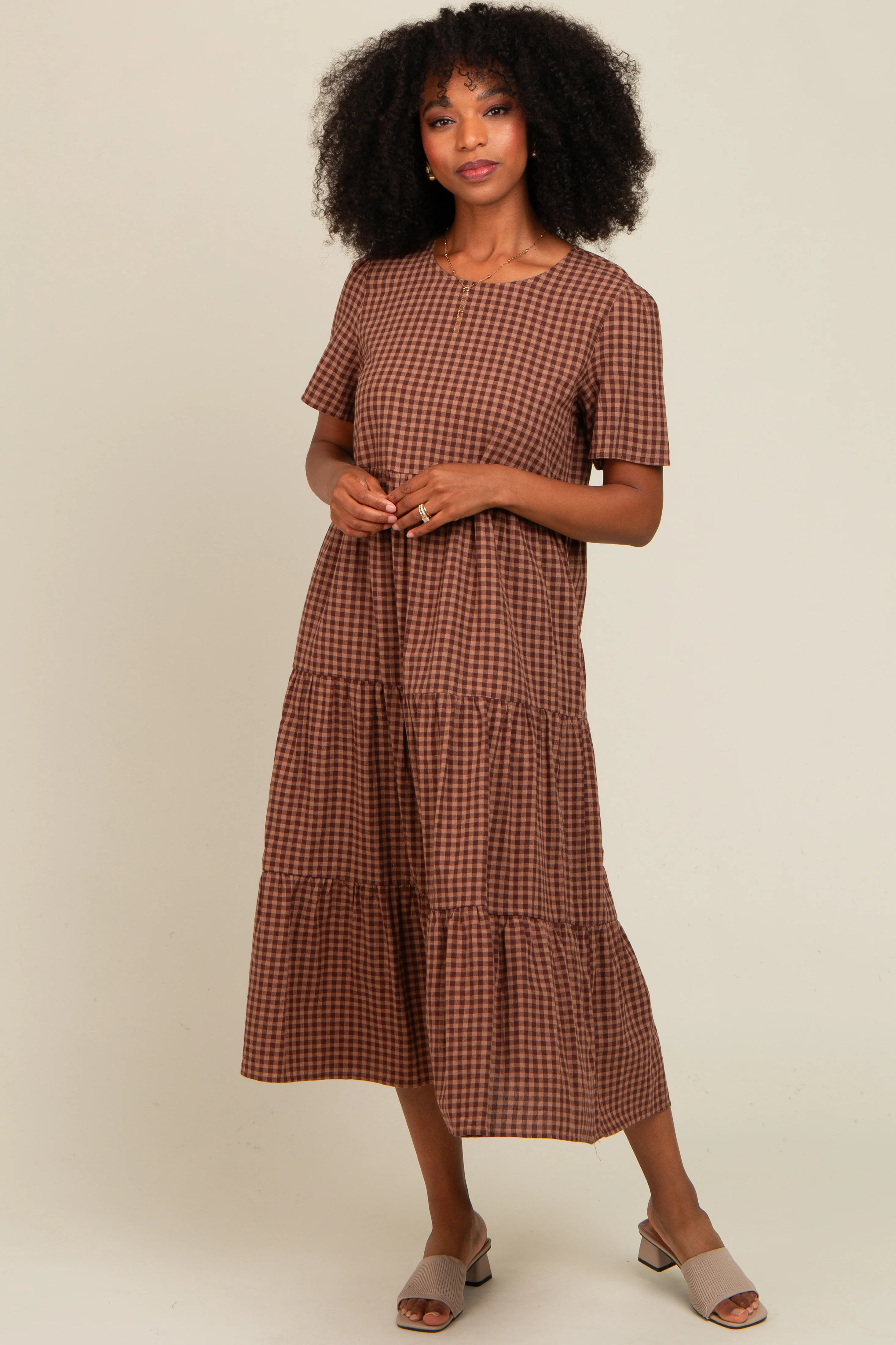 Mocha Gingham Tiered Maternity Midi Dress - Image 6
