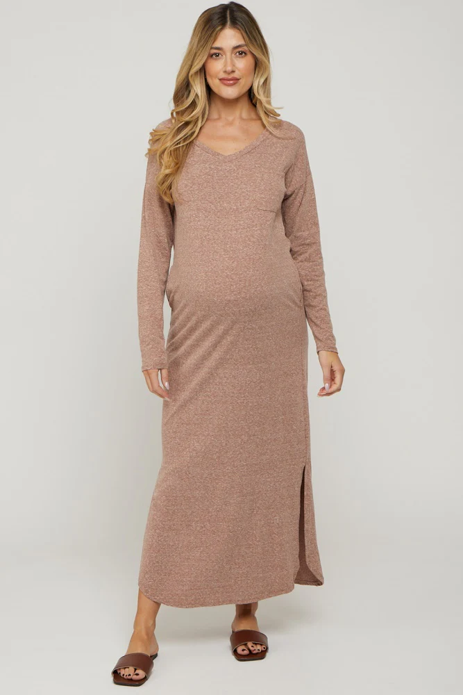 Mocha Heathered Pocketed Long Sleeve Maternity Maxi Dress - Image 4