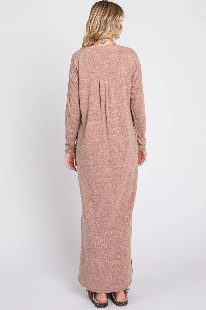 Mocha Heathered Pocketed Long Sleeve Maxi Dress - Image 7