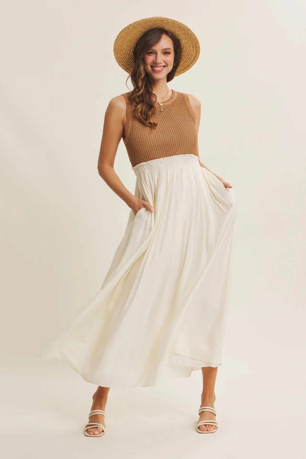 Mocha Knit Bodice Contrast Skirt Maternity Maxi Dress - Image 4