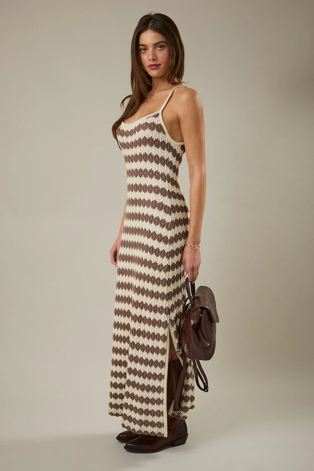 Mocha Knit Striped Sleeveless Maternity Dress - Image 4