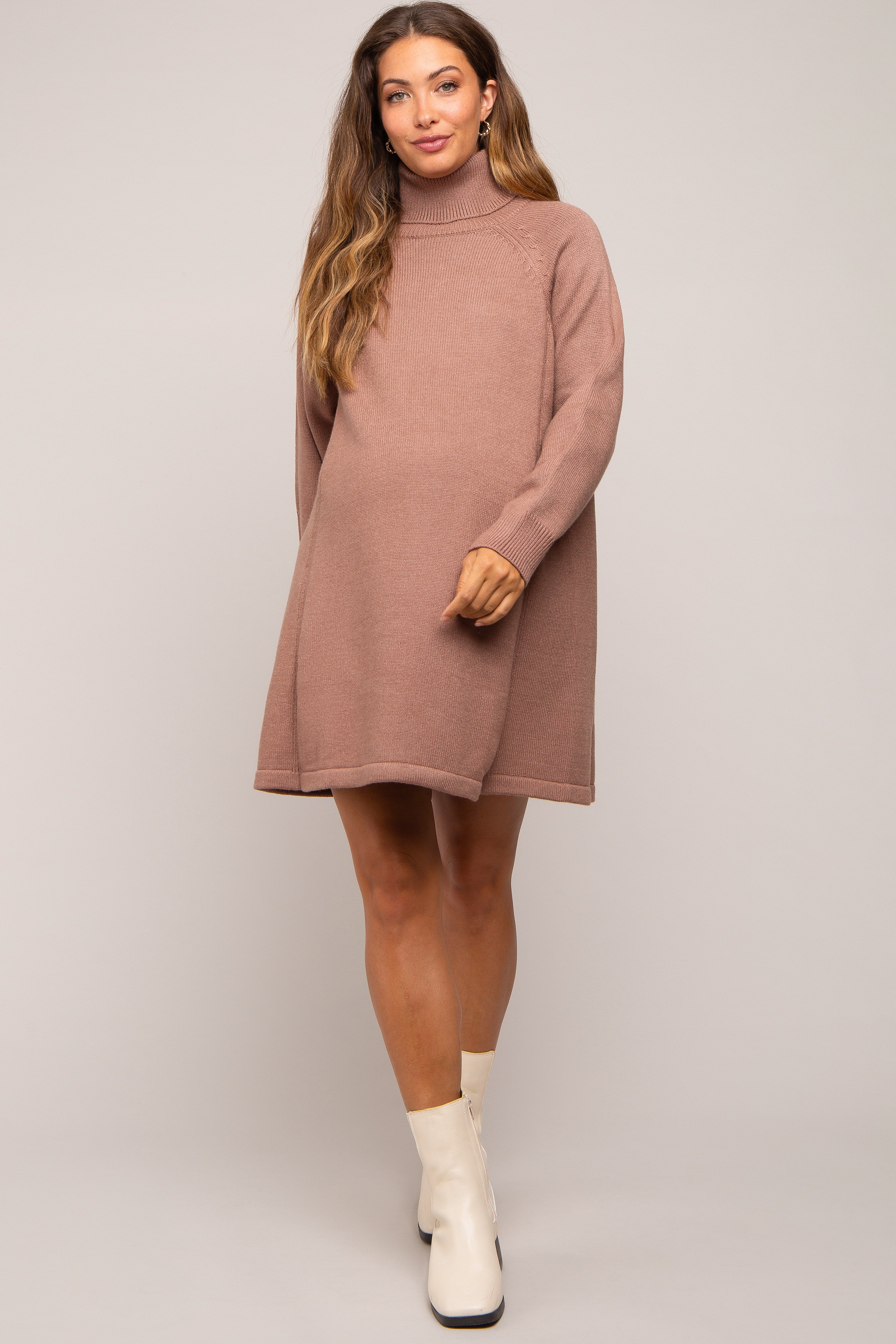 Mocha Knit Turtleneck Maternity Sweater Dress - Image 5