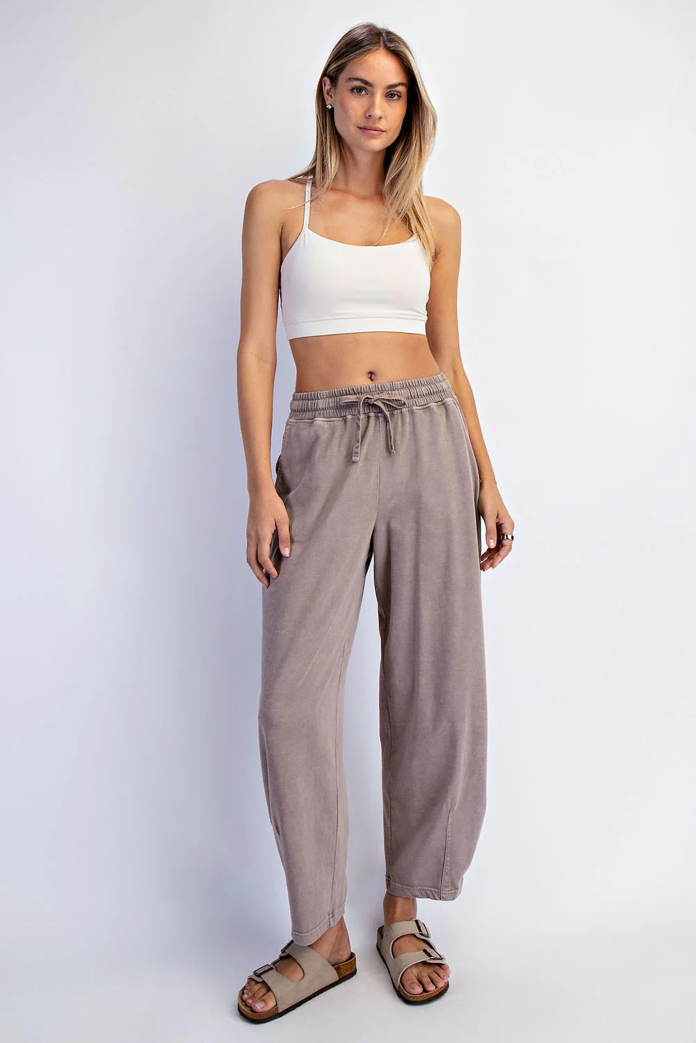Mocha Mineral Wash Barrel Leg Maternity Lounge Pants - Image 5