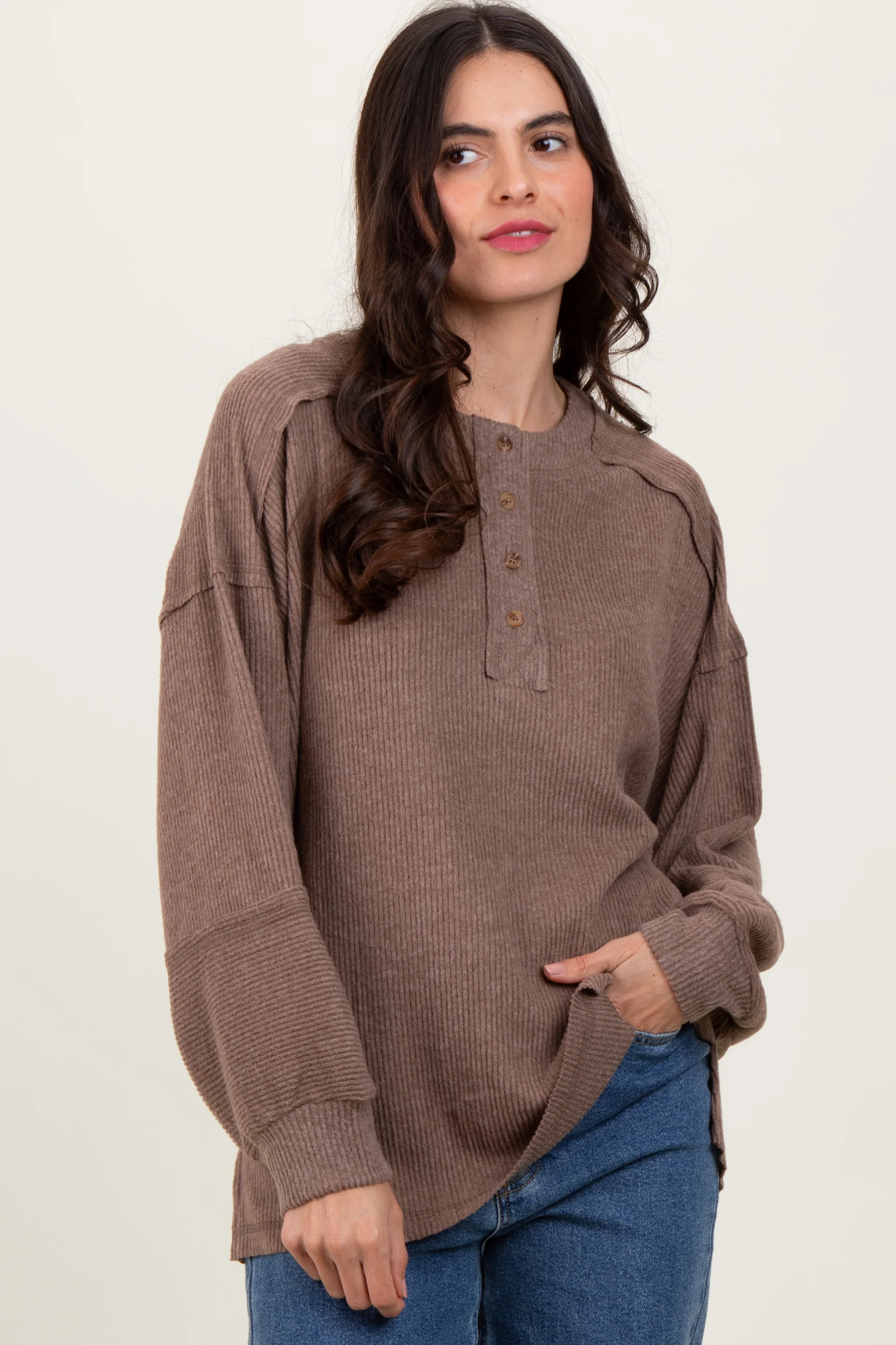 Mocha Oversized Ribbed Knit Henley Maternity Sweater - Image 3