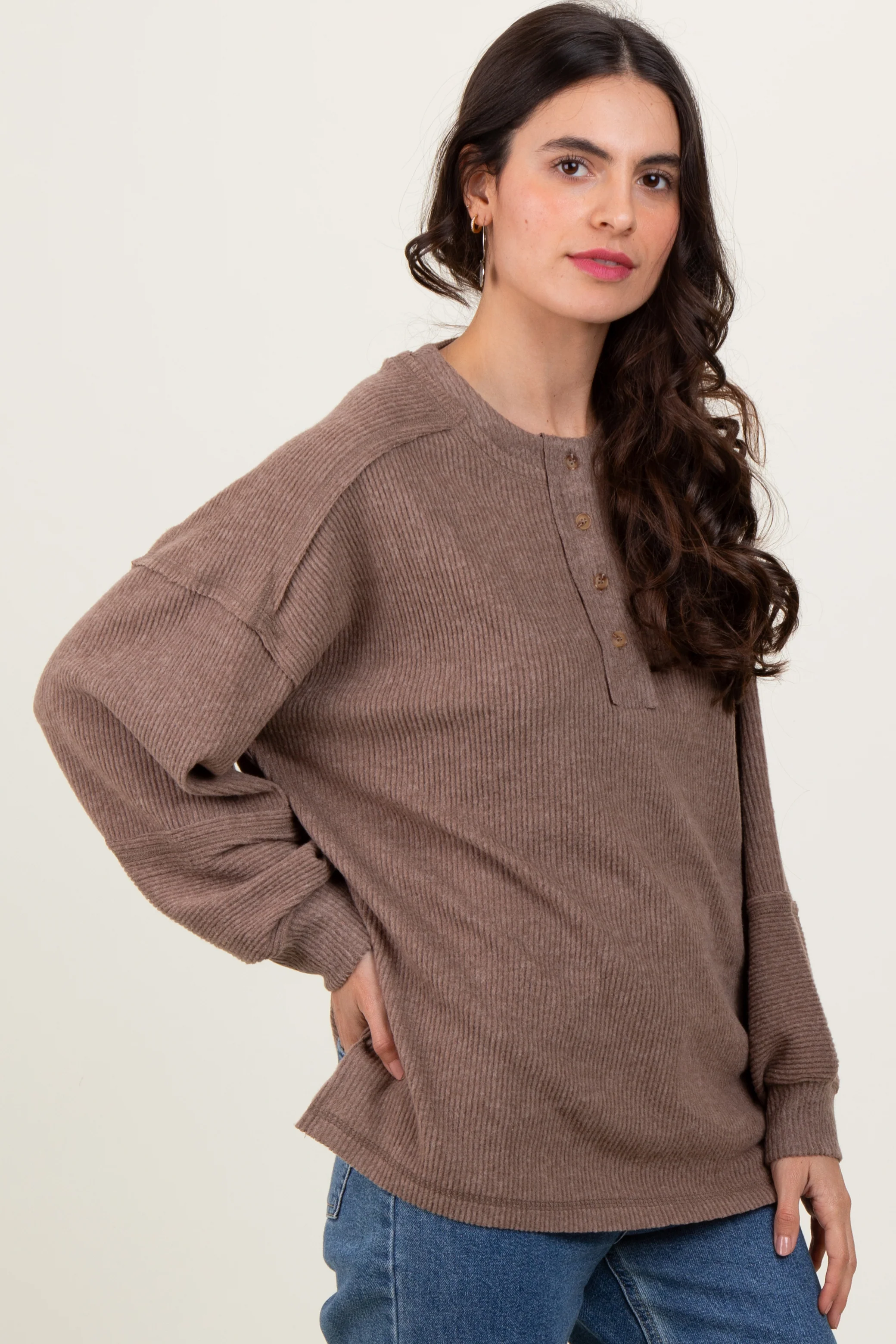 Mocha Oversized Ribbed Knit Henley Sweater - Image 3