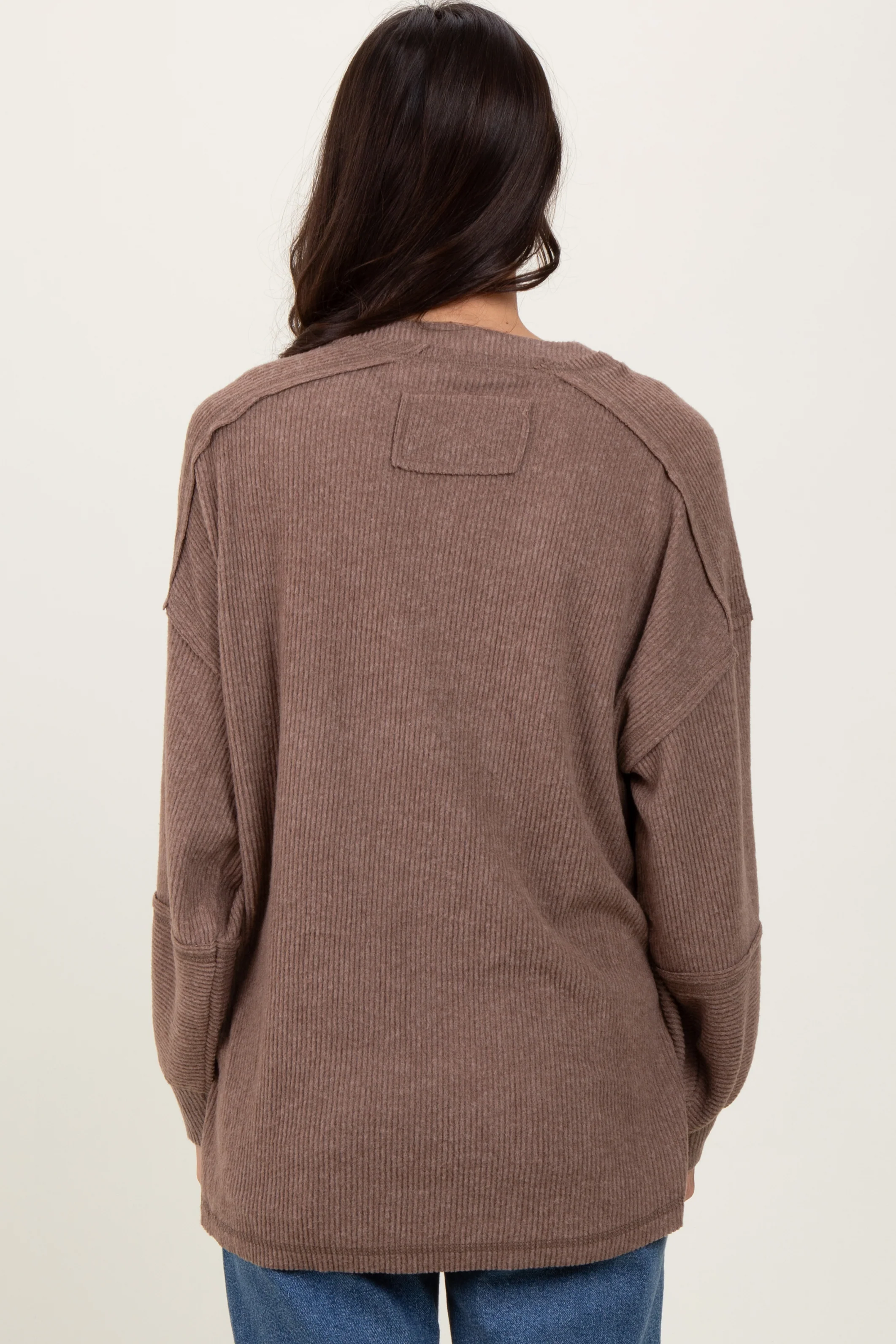 Mocha Oversized Ribbed Knit Henley Sweater - Image 4