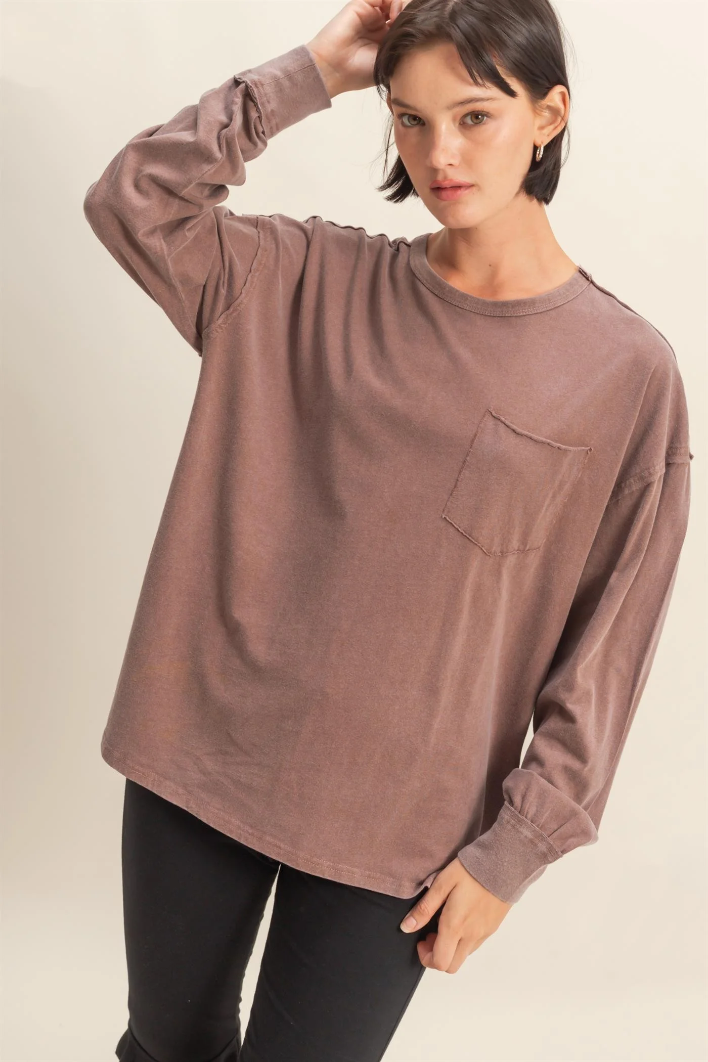 Mocha Oversized Washed Long Sleeve Pocket Maternity Top - Image 5