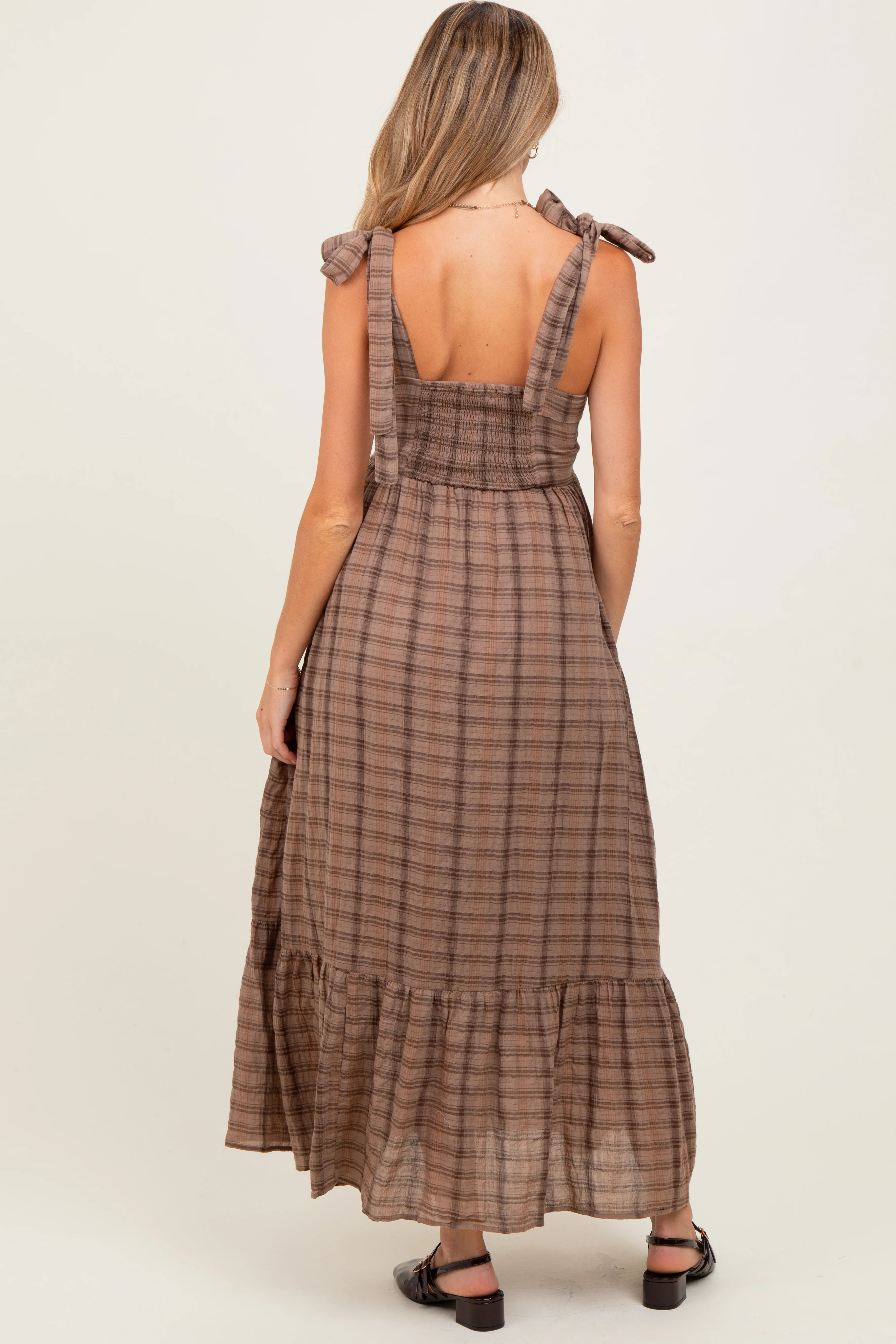 Mocha Plaid Sleeveless Cotton Maternity Maxi Dress - Image 3