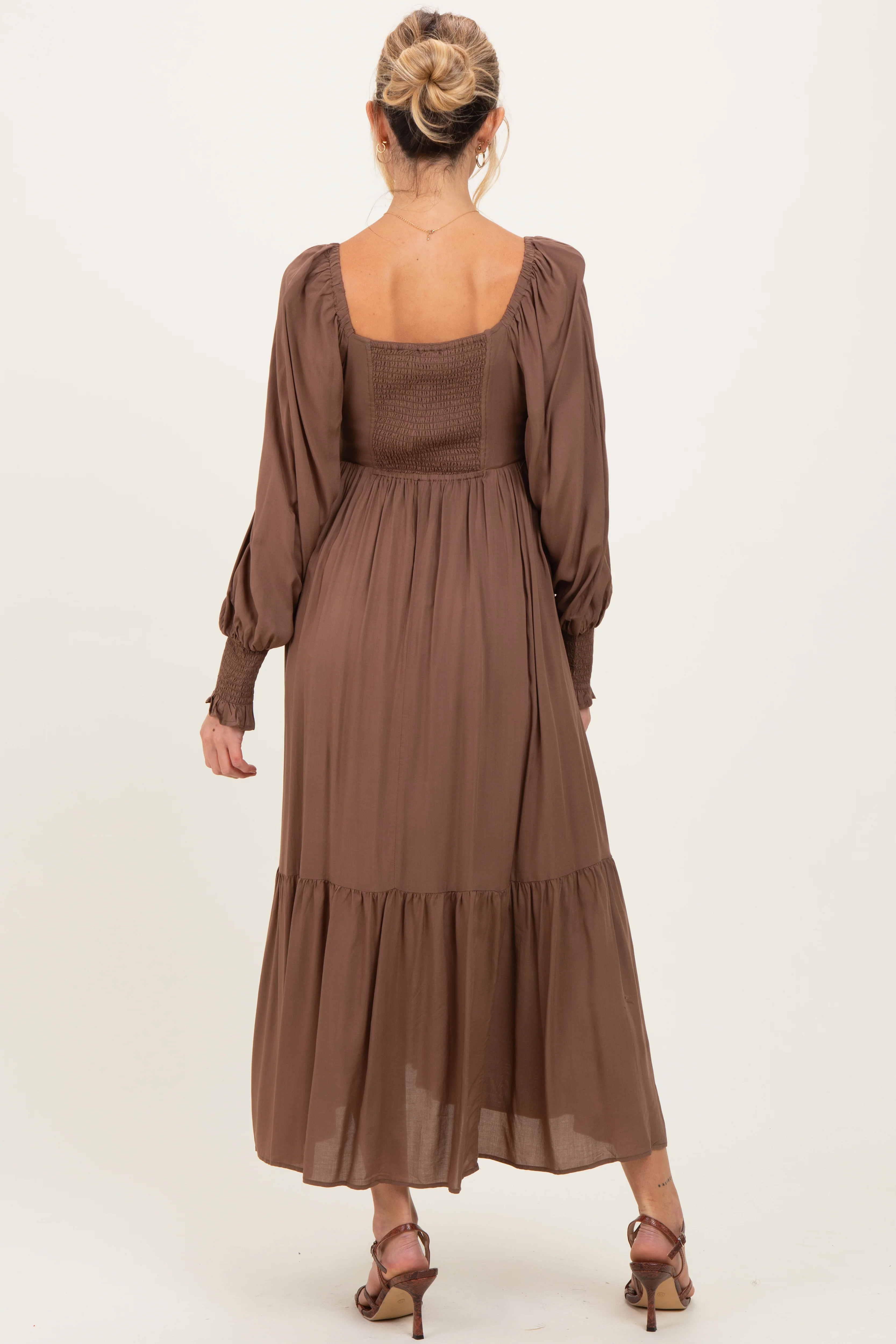 Mocha Pleated Bodice Long Sleeve Maternity Maxi Dress - Image 4