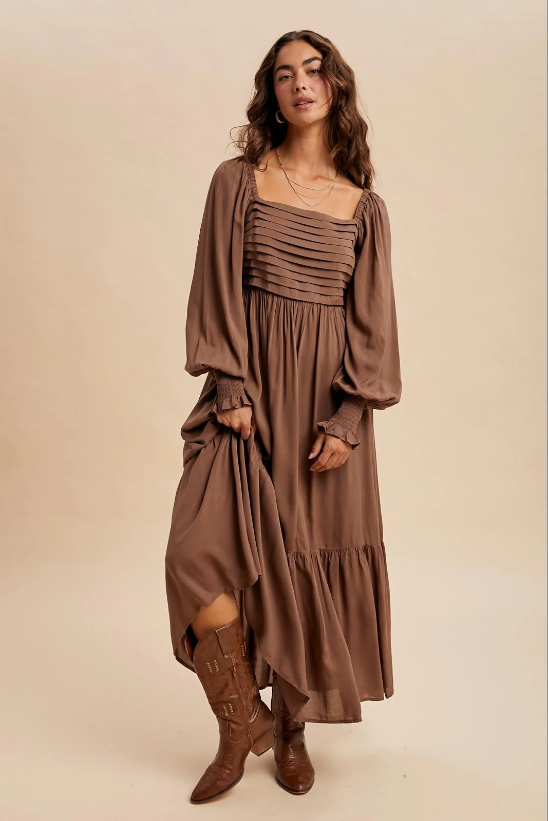 Mocha Pleated Bodice Long Sleeve Maternity Maxi Dress - Image 5