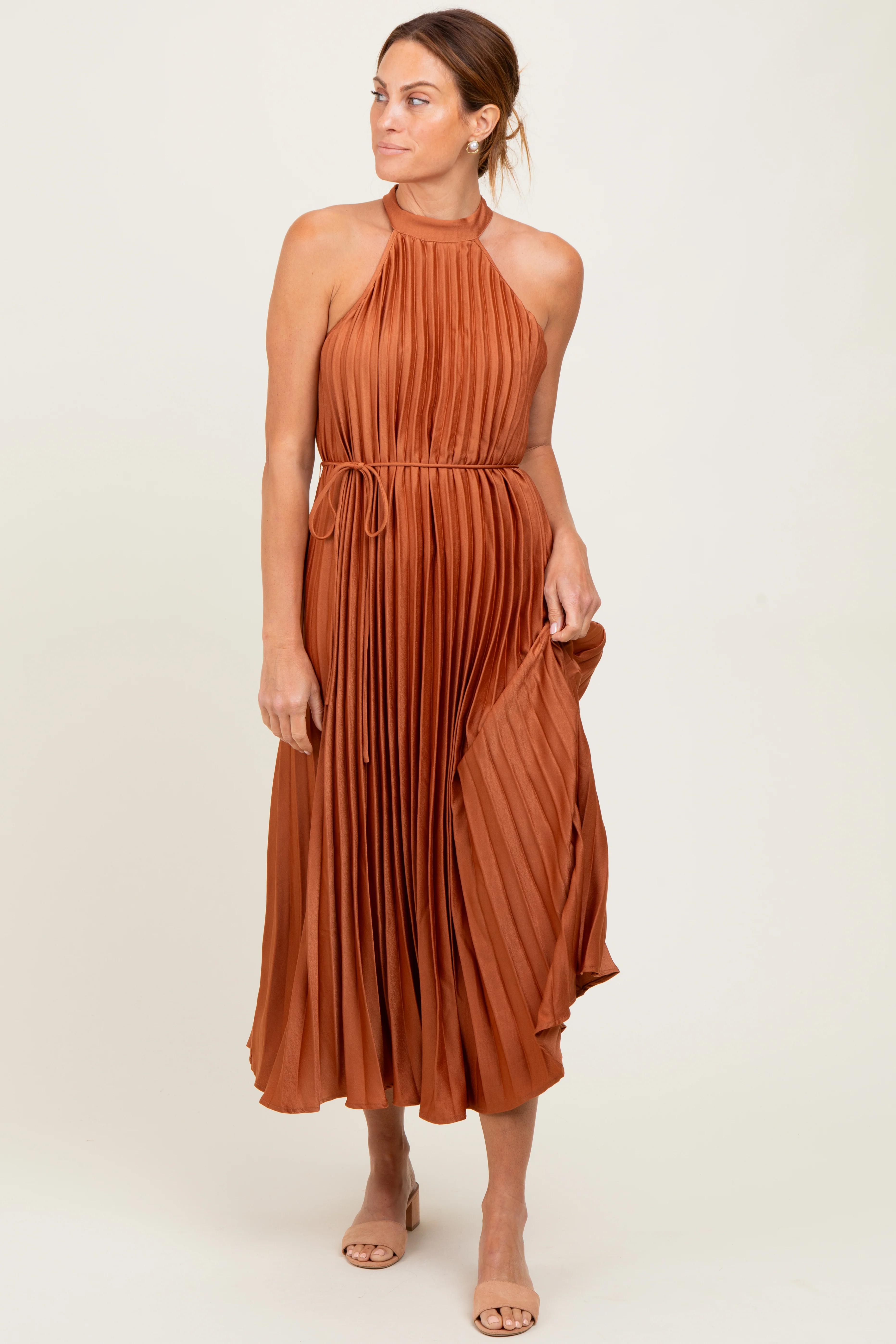 Mocha Pleated Maternity Halter Dress - Image 4
