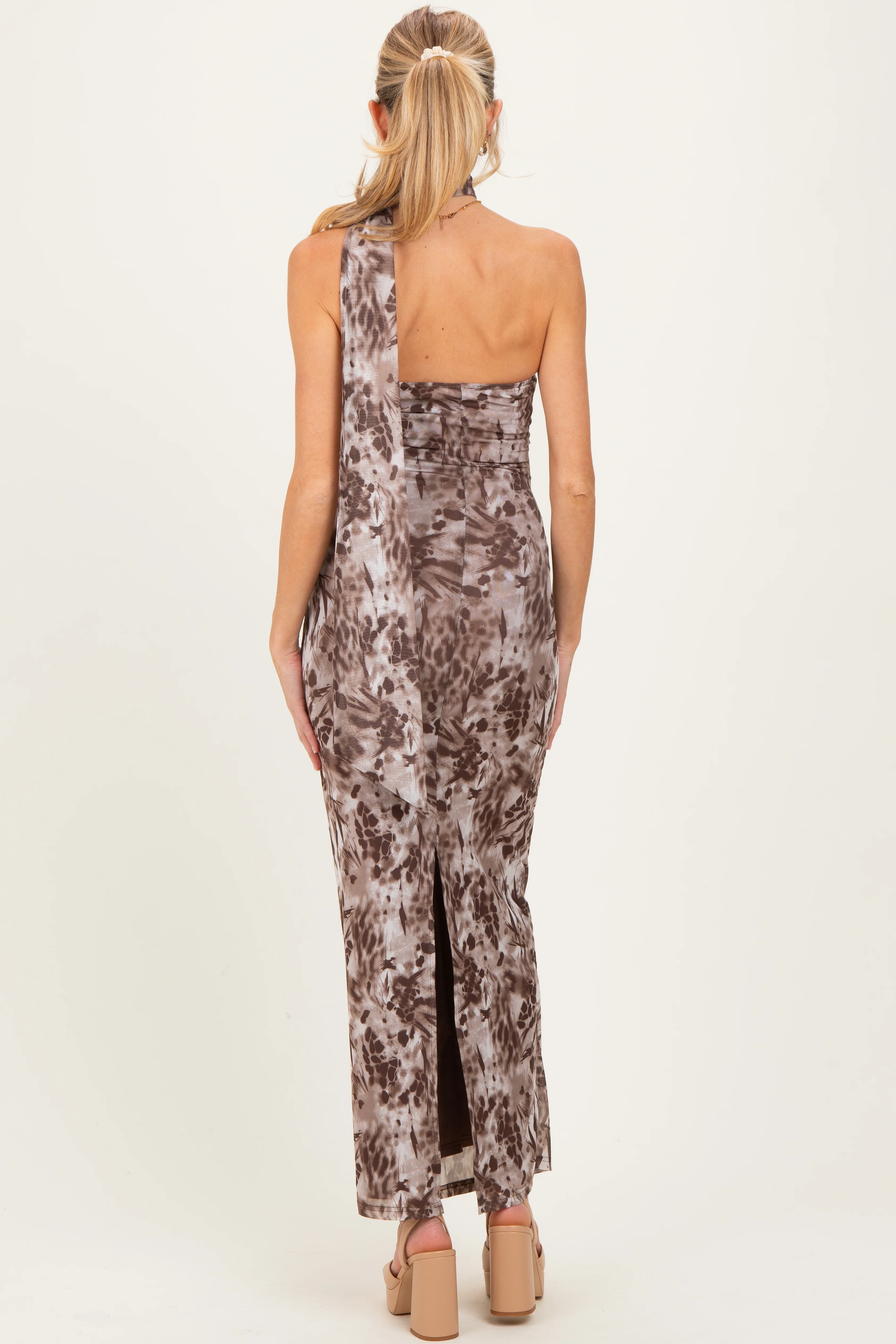 Mocha Printed Halter Maternity Maxi Dress - Image 4