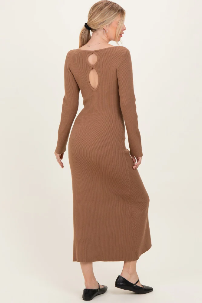 Mocha Rib Knit Back Cutout Midi Dress - Image 4