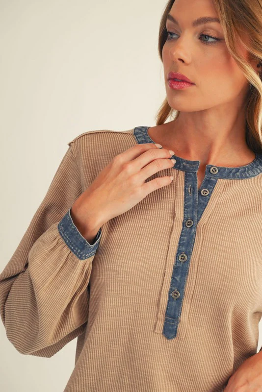 Mocha Rib Knit Casual Henley Top - Image 5