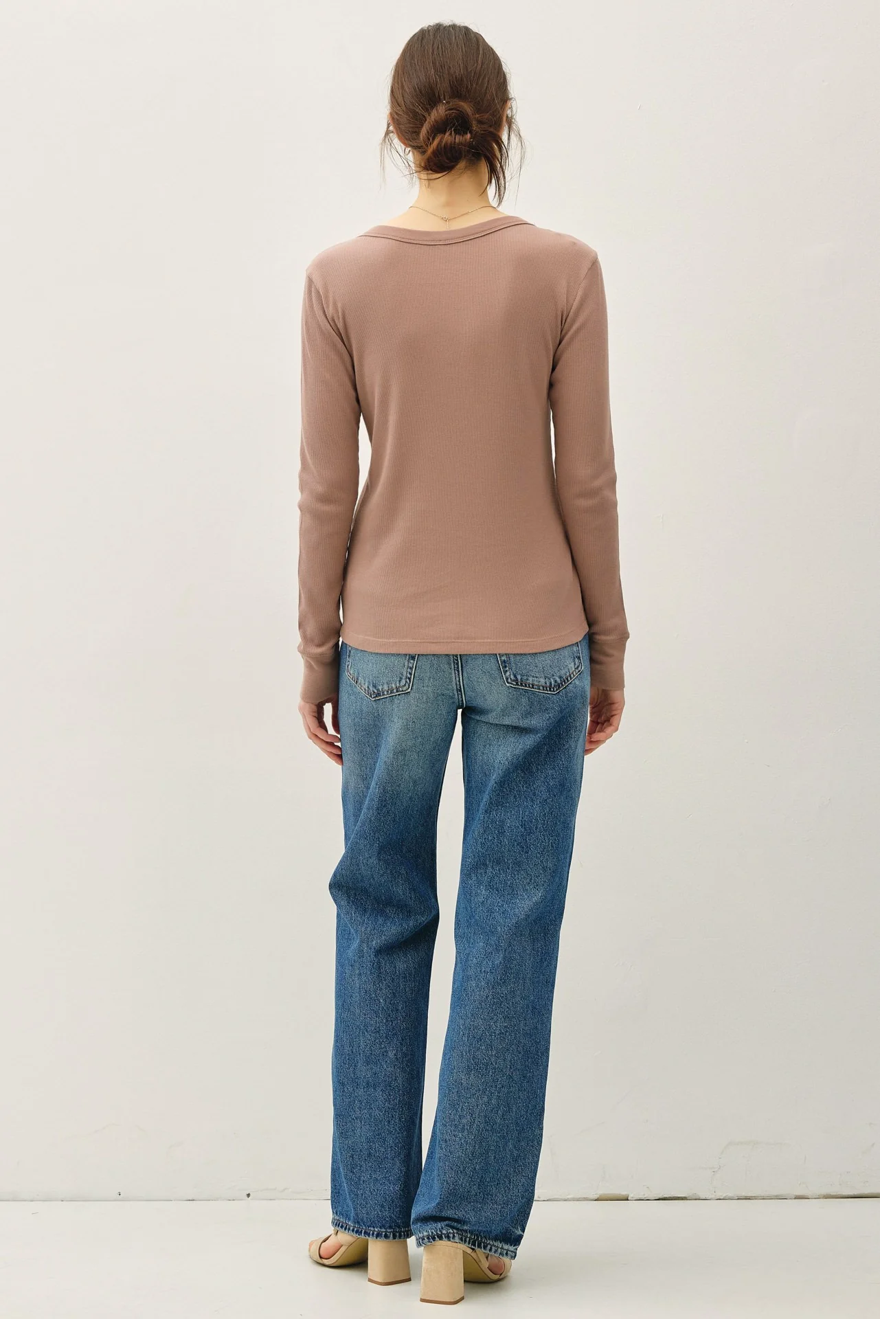 Mocha Ribbed Basic Long Sleeve Top - Image 3