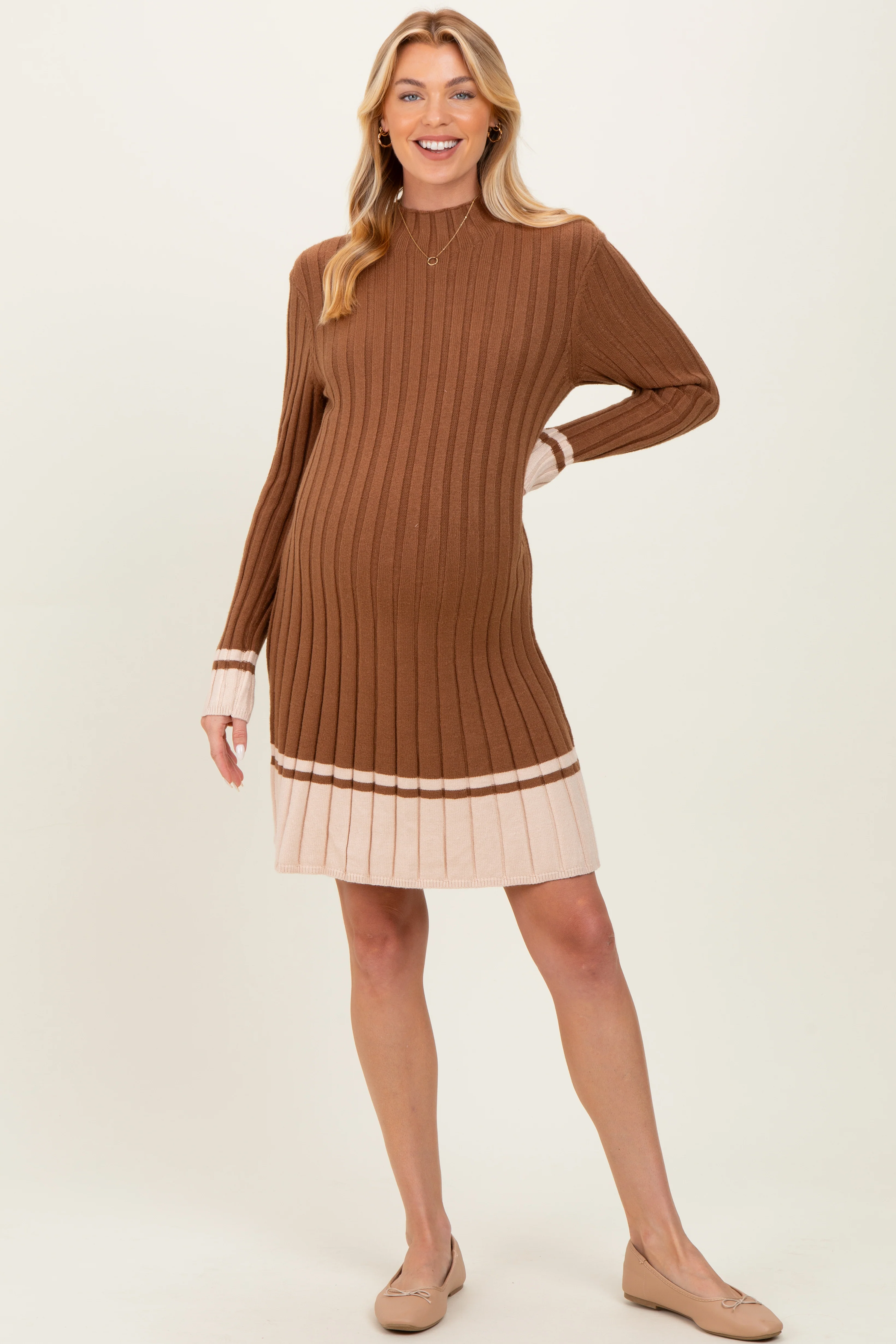Mocha Ribbed Contrast Hem Maternity Sweater Dress - Image 5