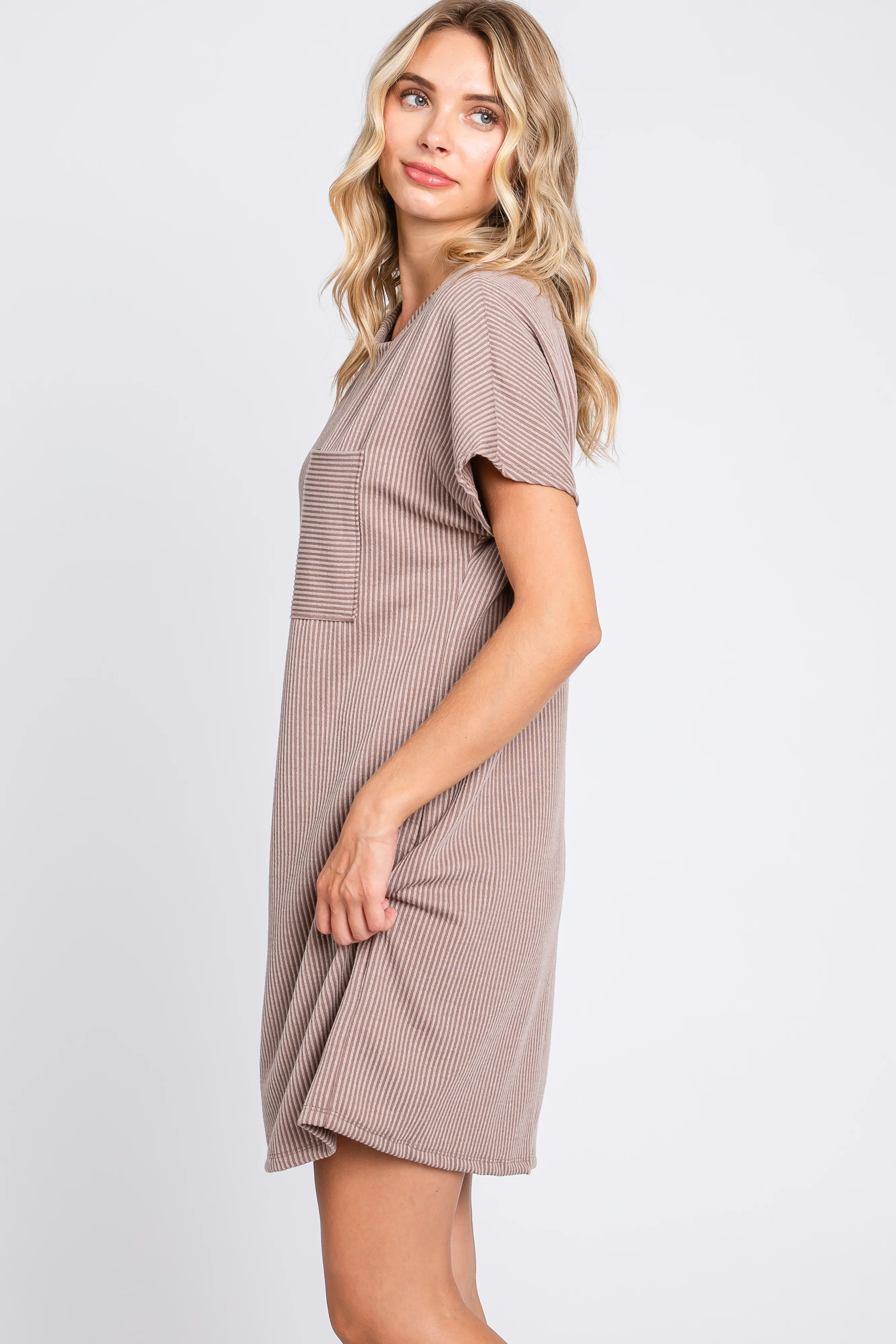 Mocha Ribbed Front Pocket Dolman Short Sleeve Dress - Image 3