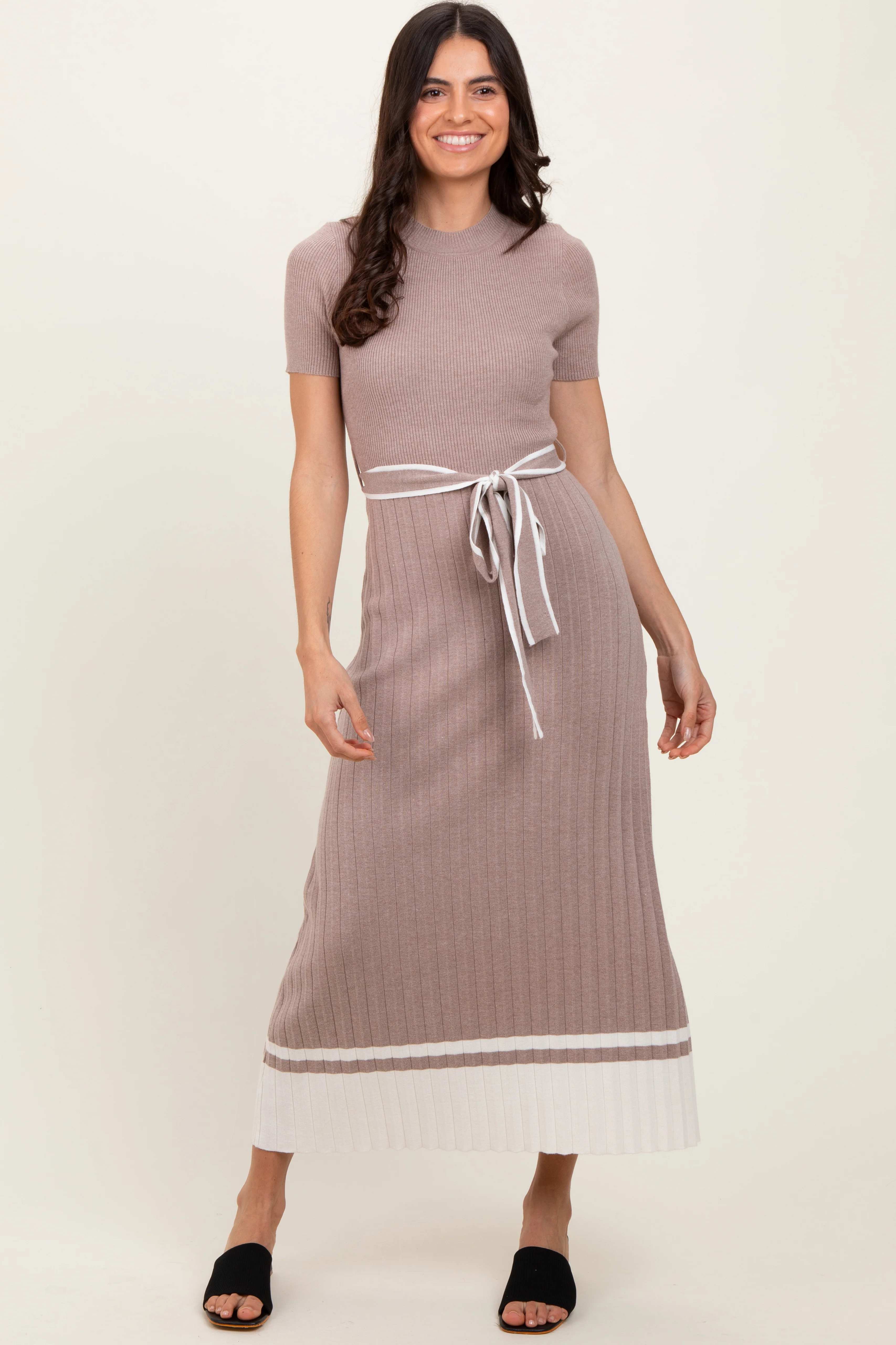 Mocha Ribbed Knit Pleated Maternity Midi Dress - Image 5