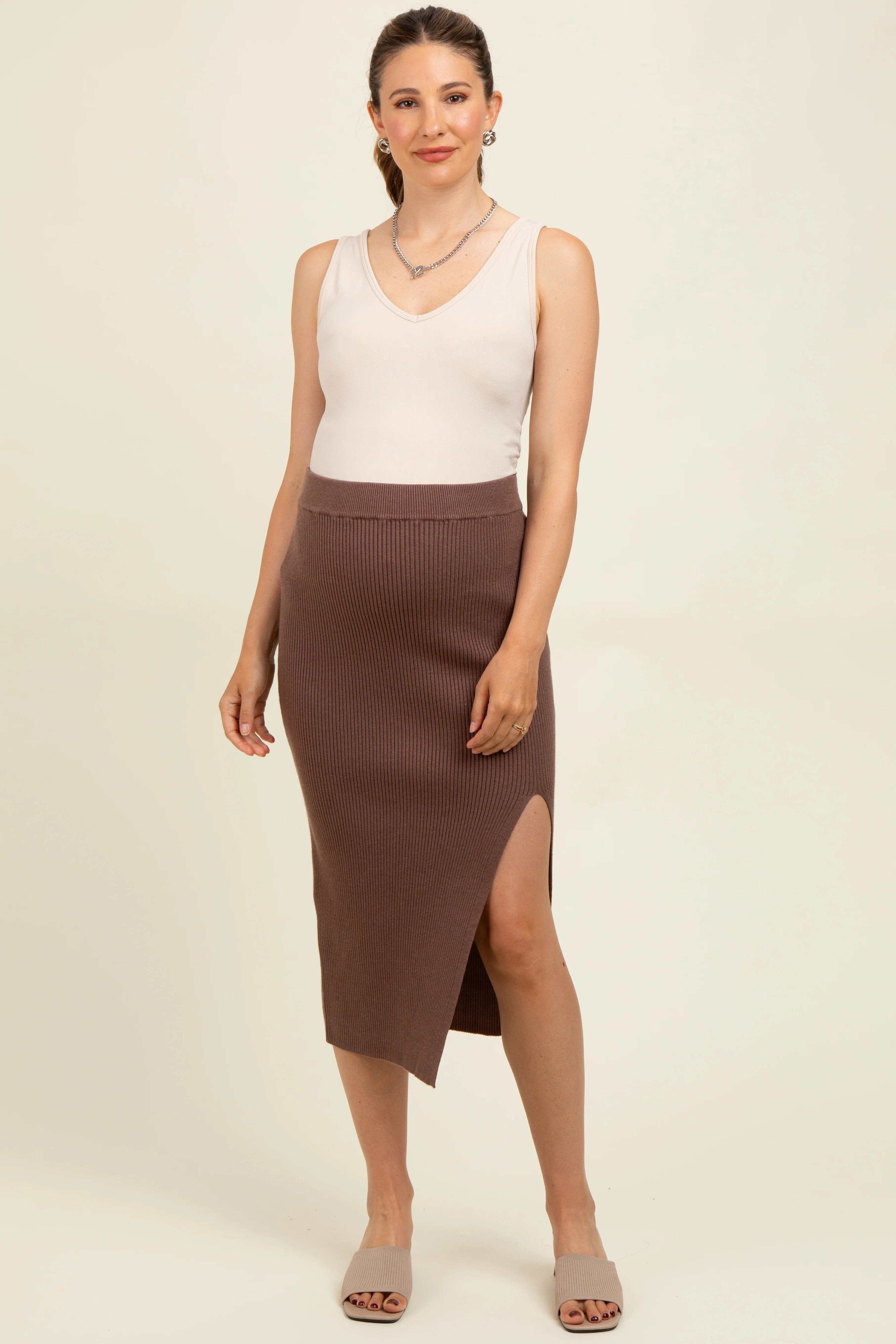 Mocha Ribbed Knit Side Slit Maternity Midi Skirt - Image 2