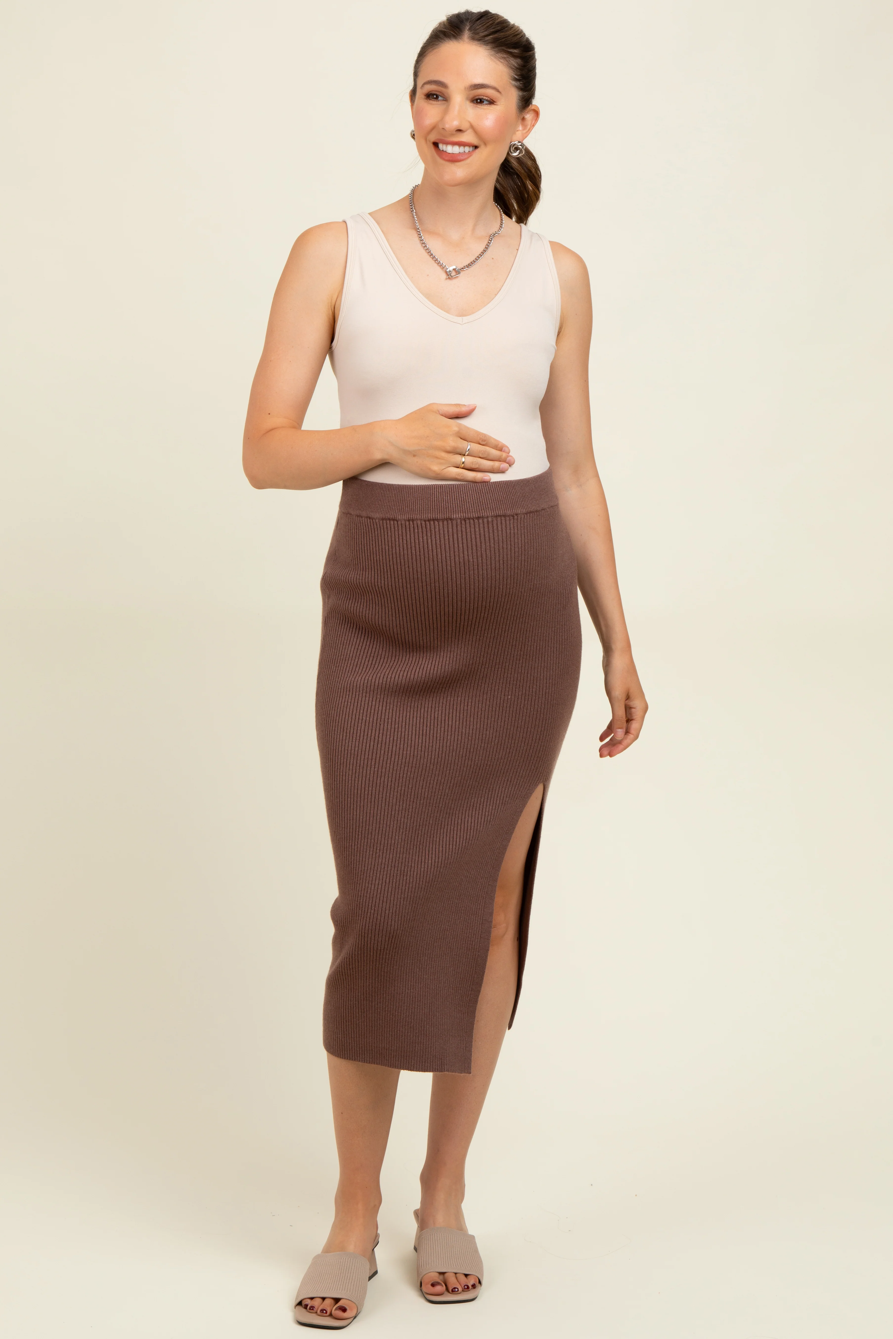 Mocha Ribbed Knit Side Slit Maternity Midi Skirt - Image 3