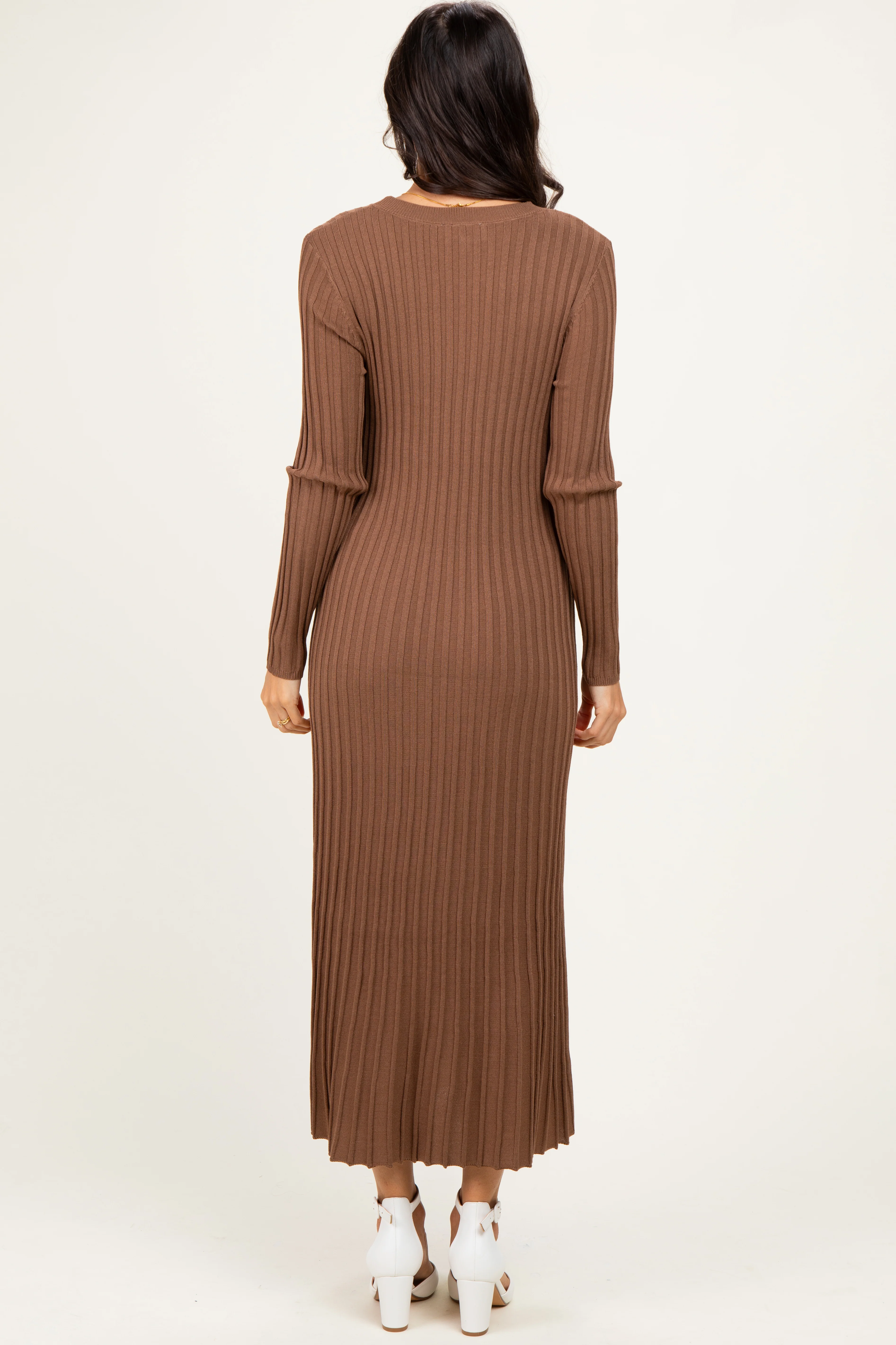 Mocha Ribbed Long Sleeve Sweater Midi Dress - Image 4