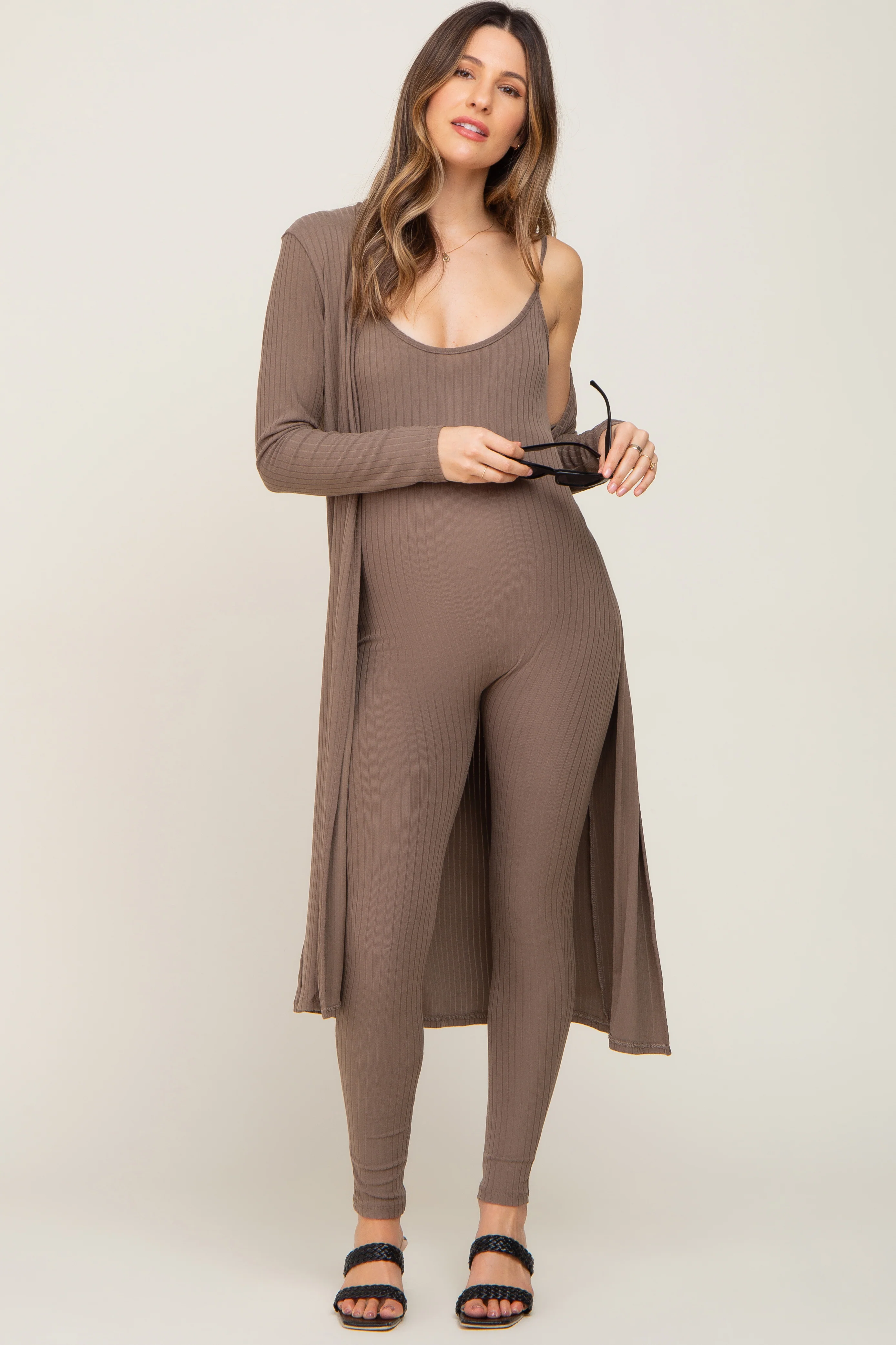 Mocha Ribbed Maternity Jumpsuit Two Piece Set - Image 4