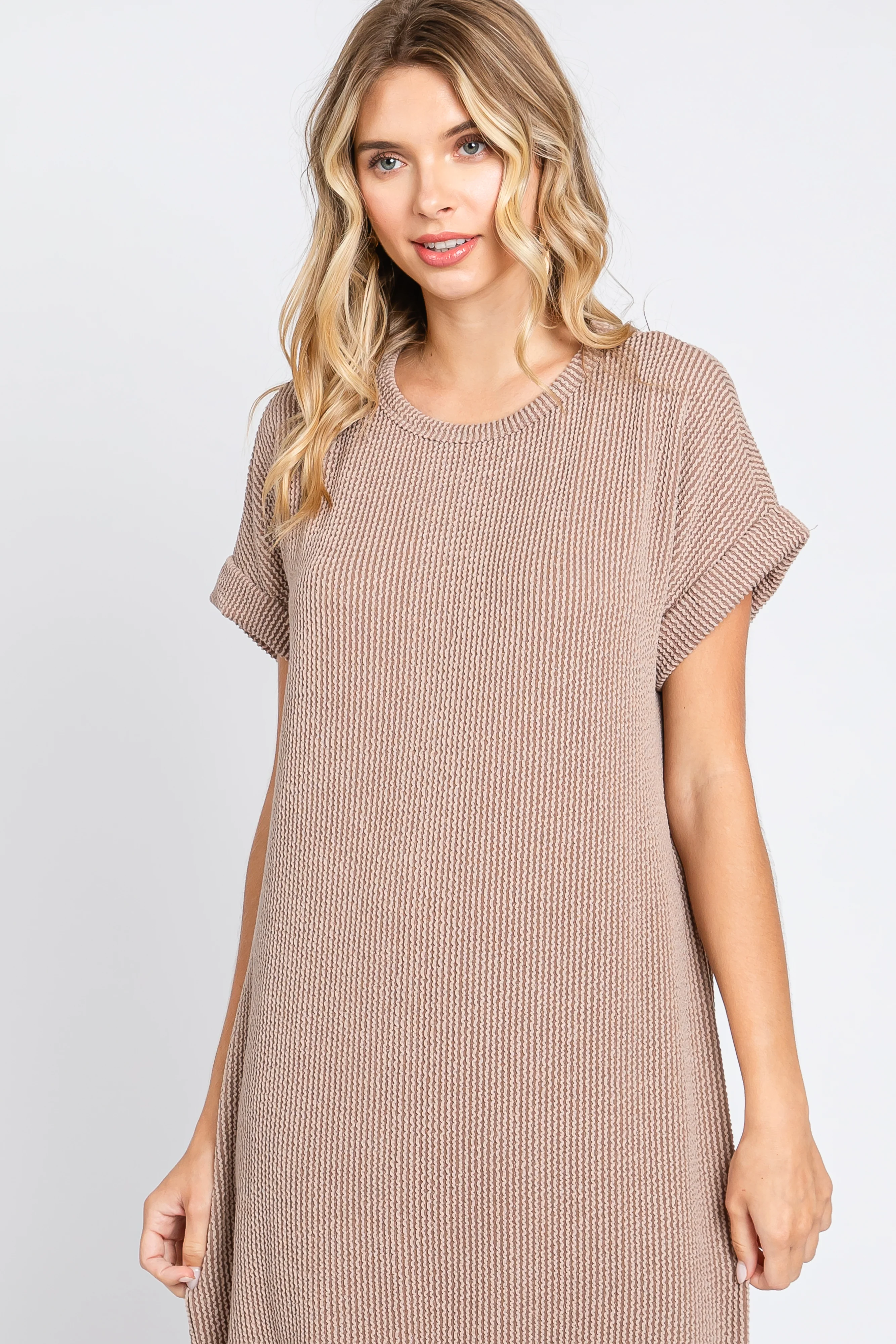 Mocha Ribbed Short Sleeve Midi Dress - Image 5