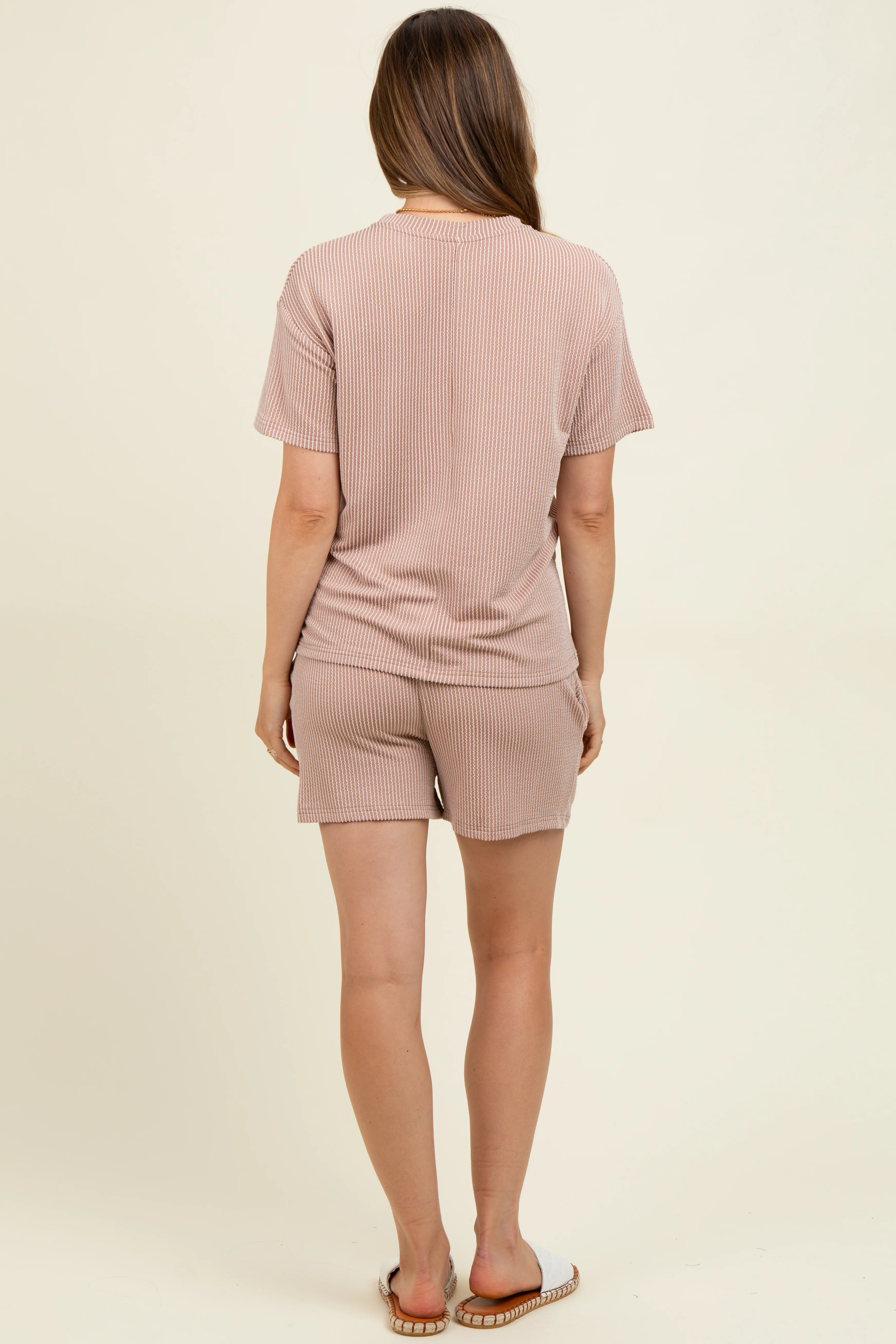 Mocha Ribbed Short Sleeve Tee and Short Maternity Set - Image 3