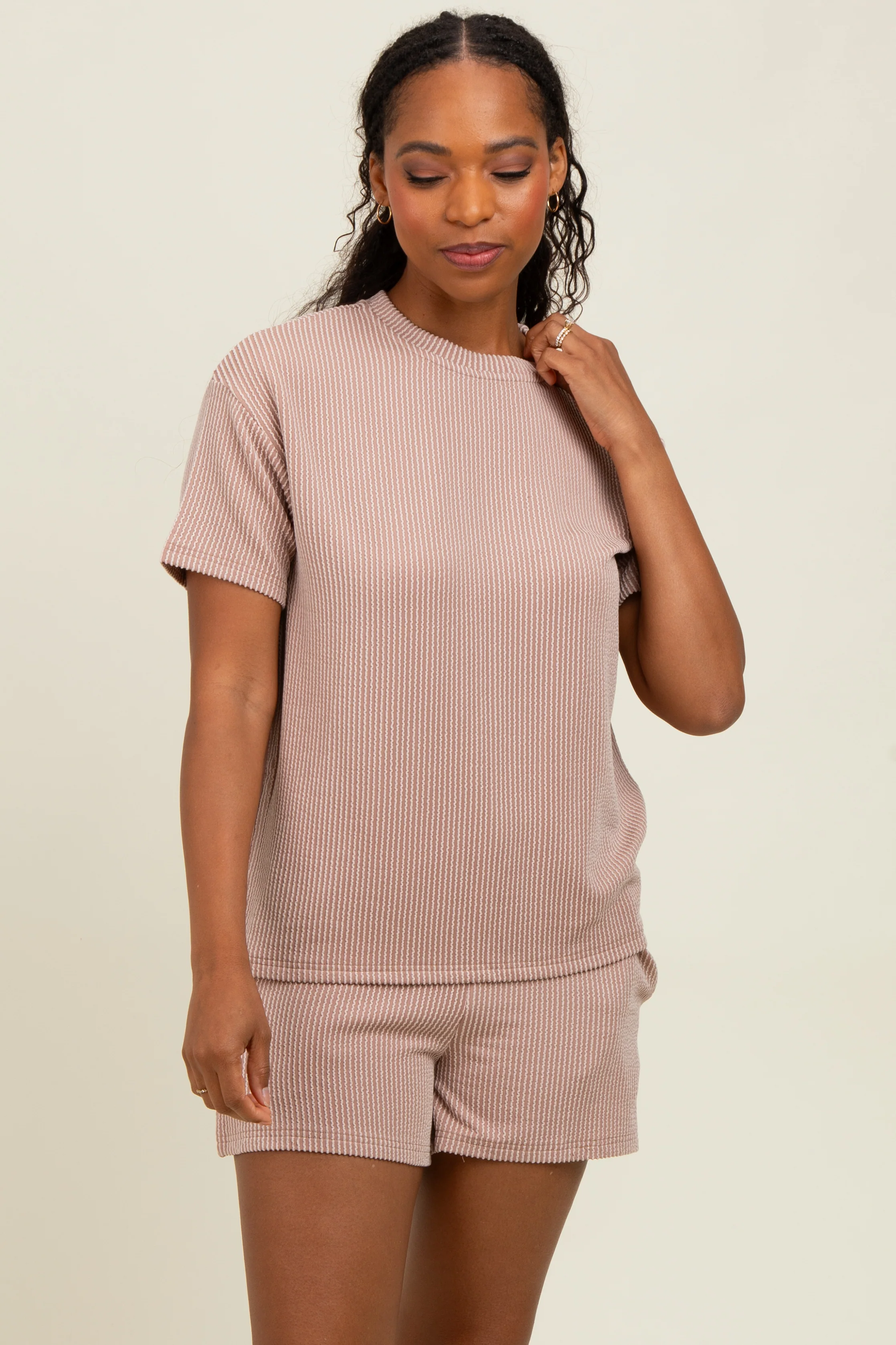 Mocha Ribbed Short Sleeve Tee and Short Set - Image 2