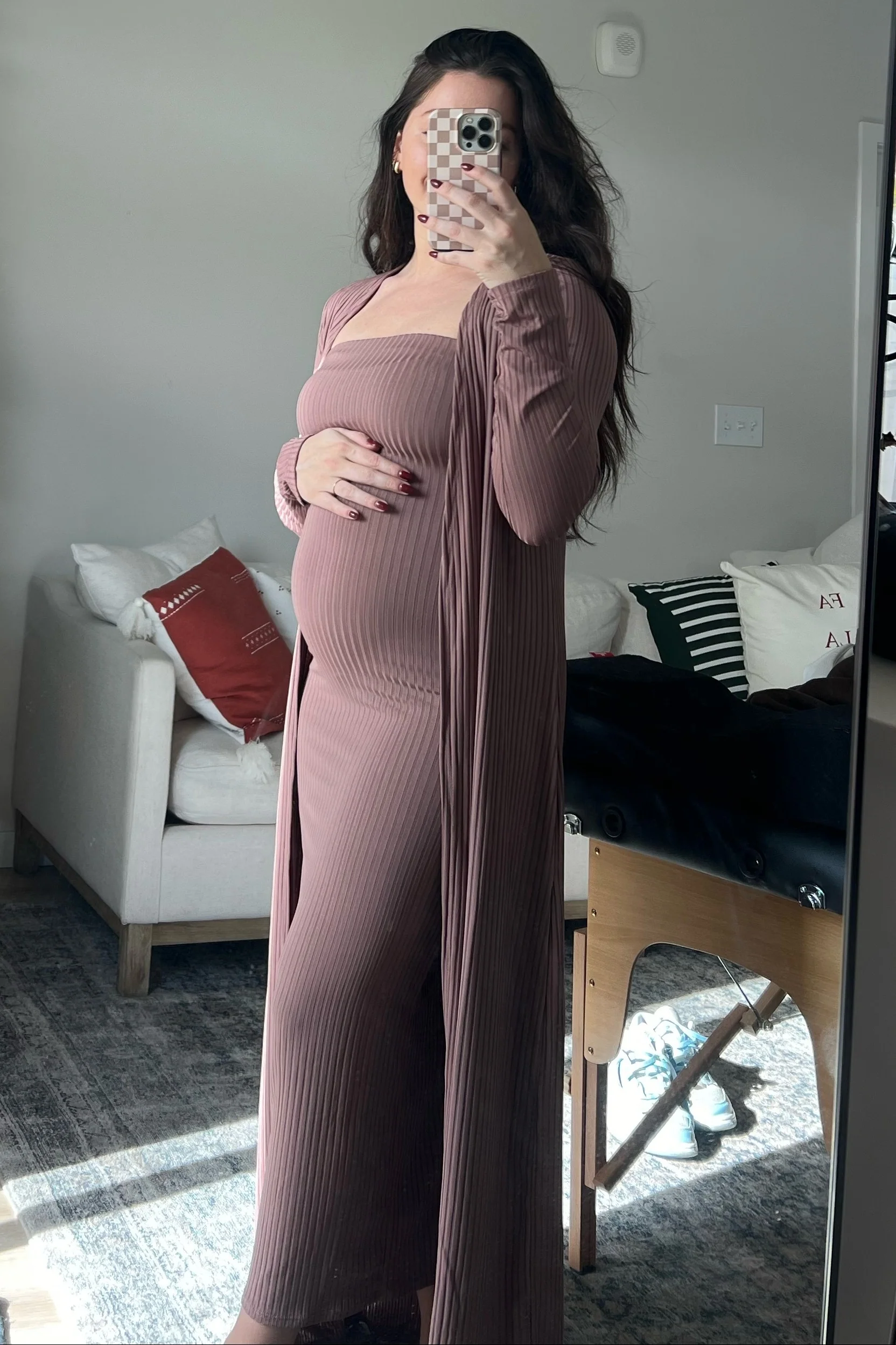 Mocha Ribbed Sleeveless Dress Cardigan Maternity Set - Image 25