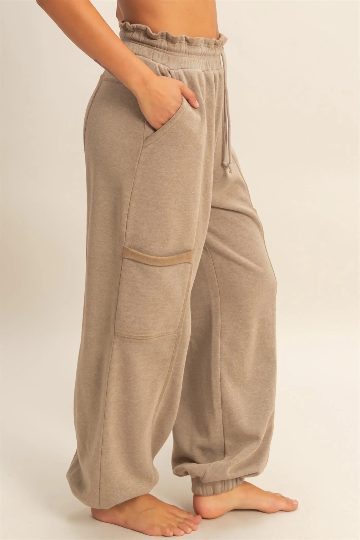 Mocha Ruffle Waist Burnout Jogger Pants - Image 3