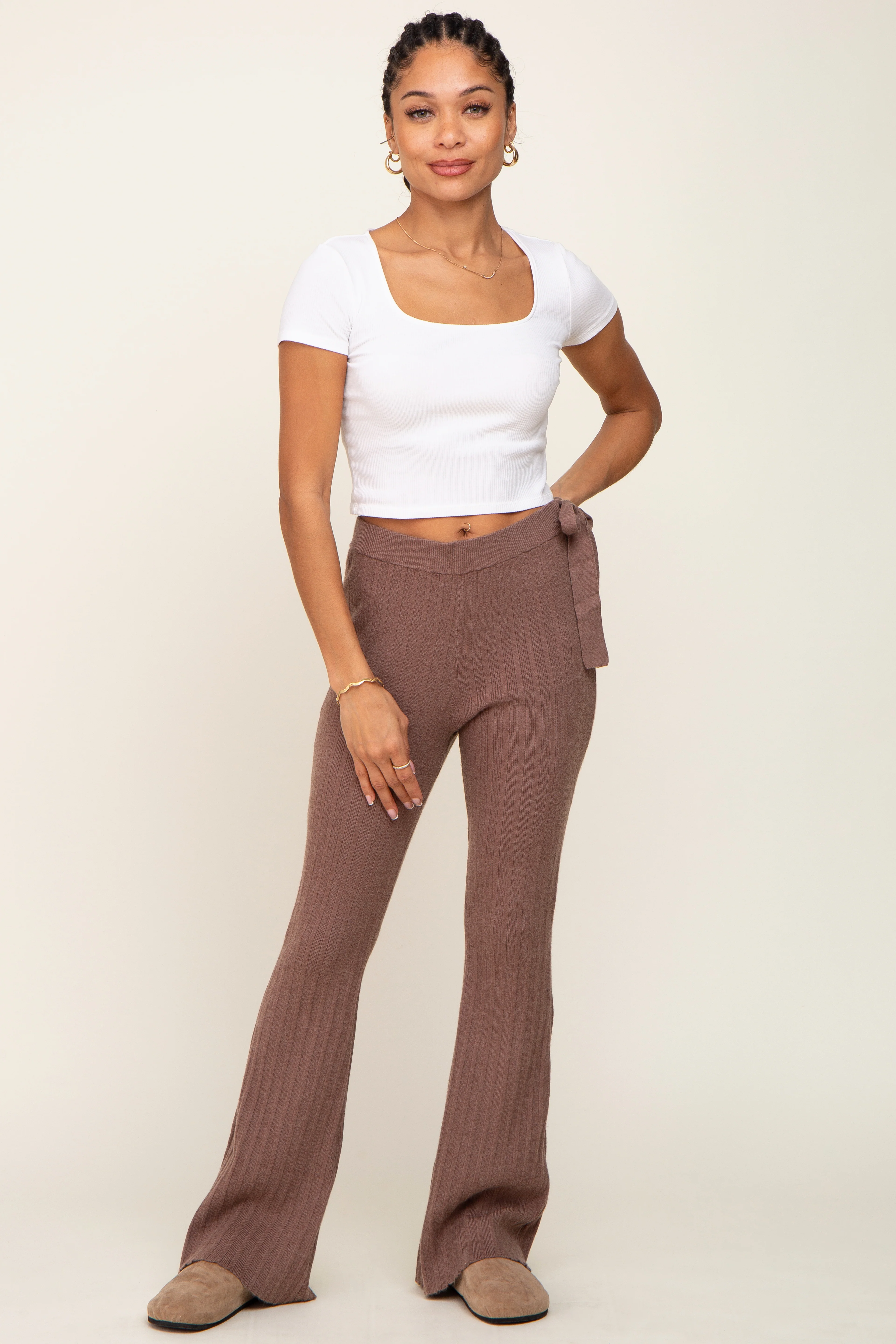 Mocha Side Tie Flare Knit Pants - Image 5