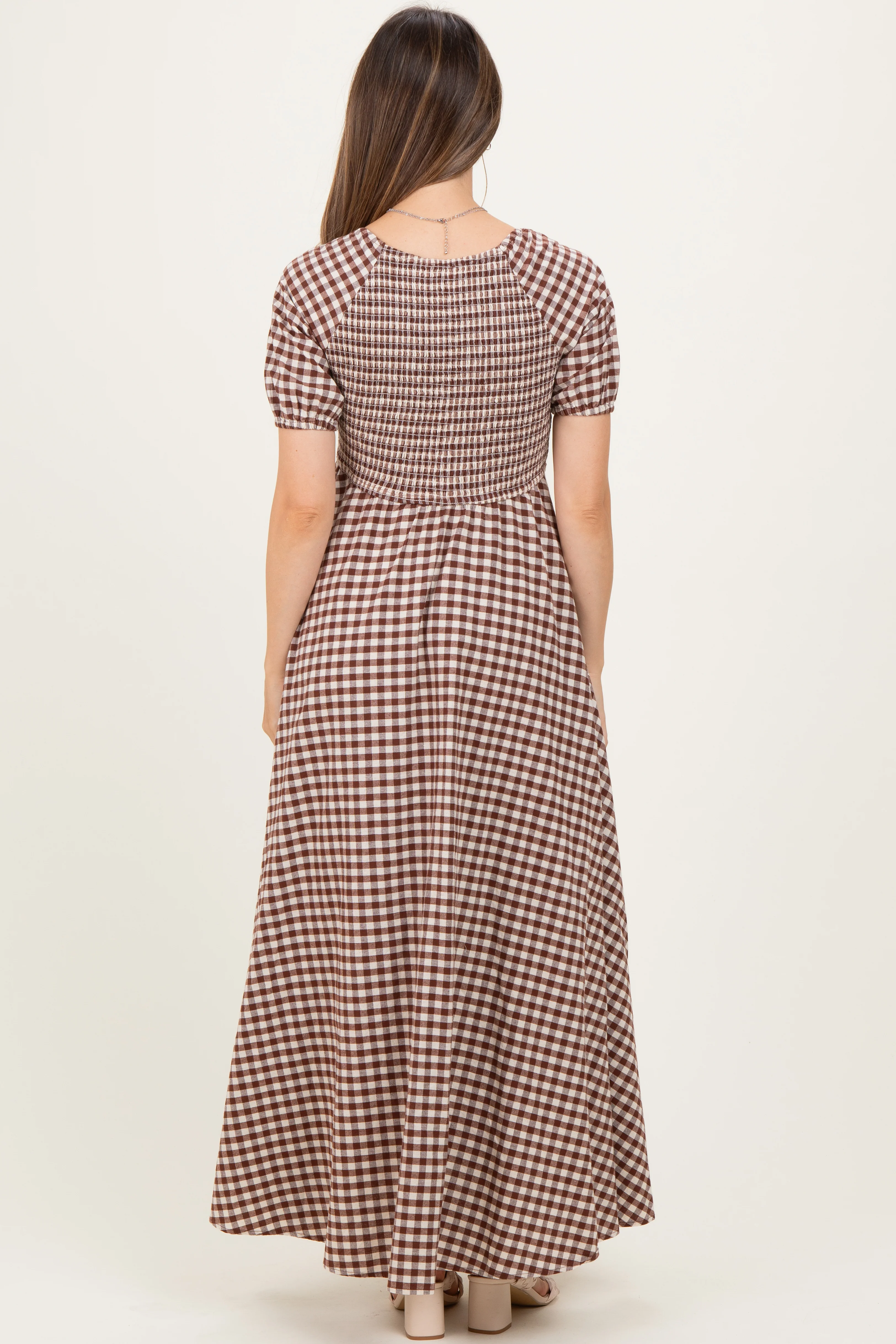 Mocha Smocked Gingham Maternity Maxi Dress - Image 3