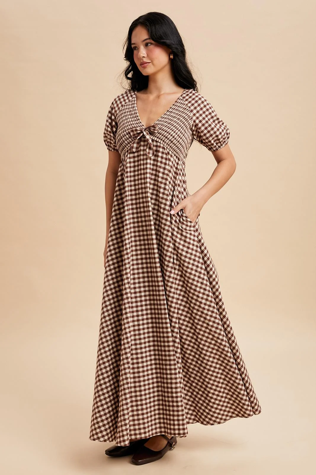 Mocha Smocked Gingham Maxi Dress - Image 2