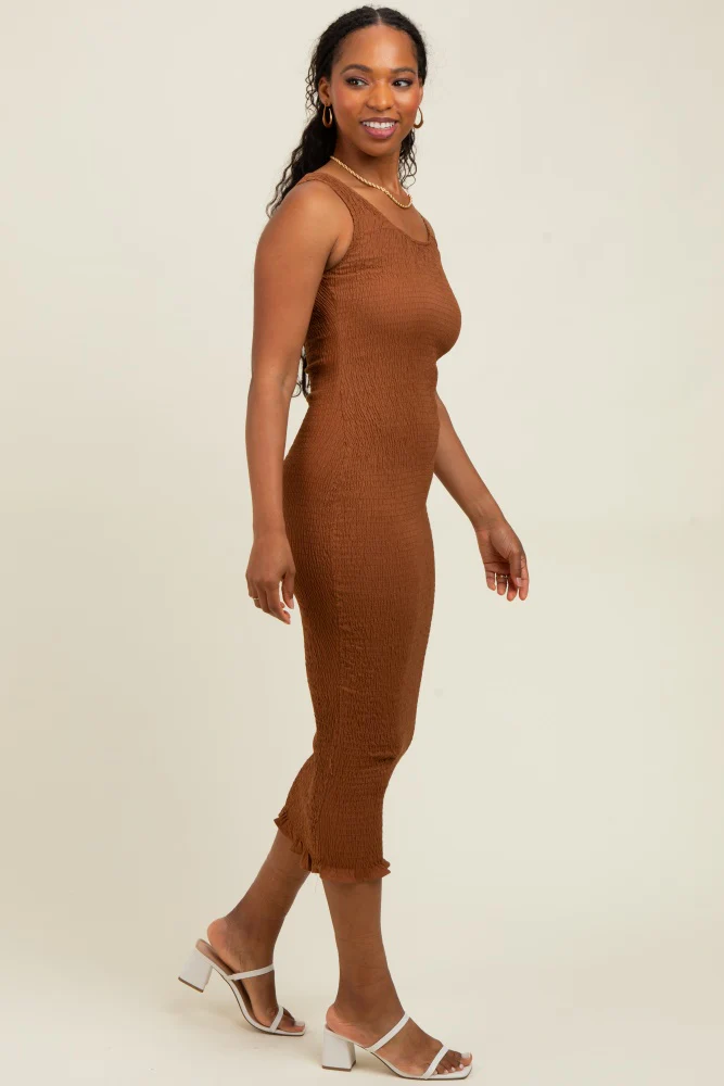 Mocha Smocked Sleeveless Ruffle Hem Fitted Dress - Image 3