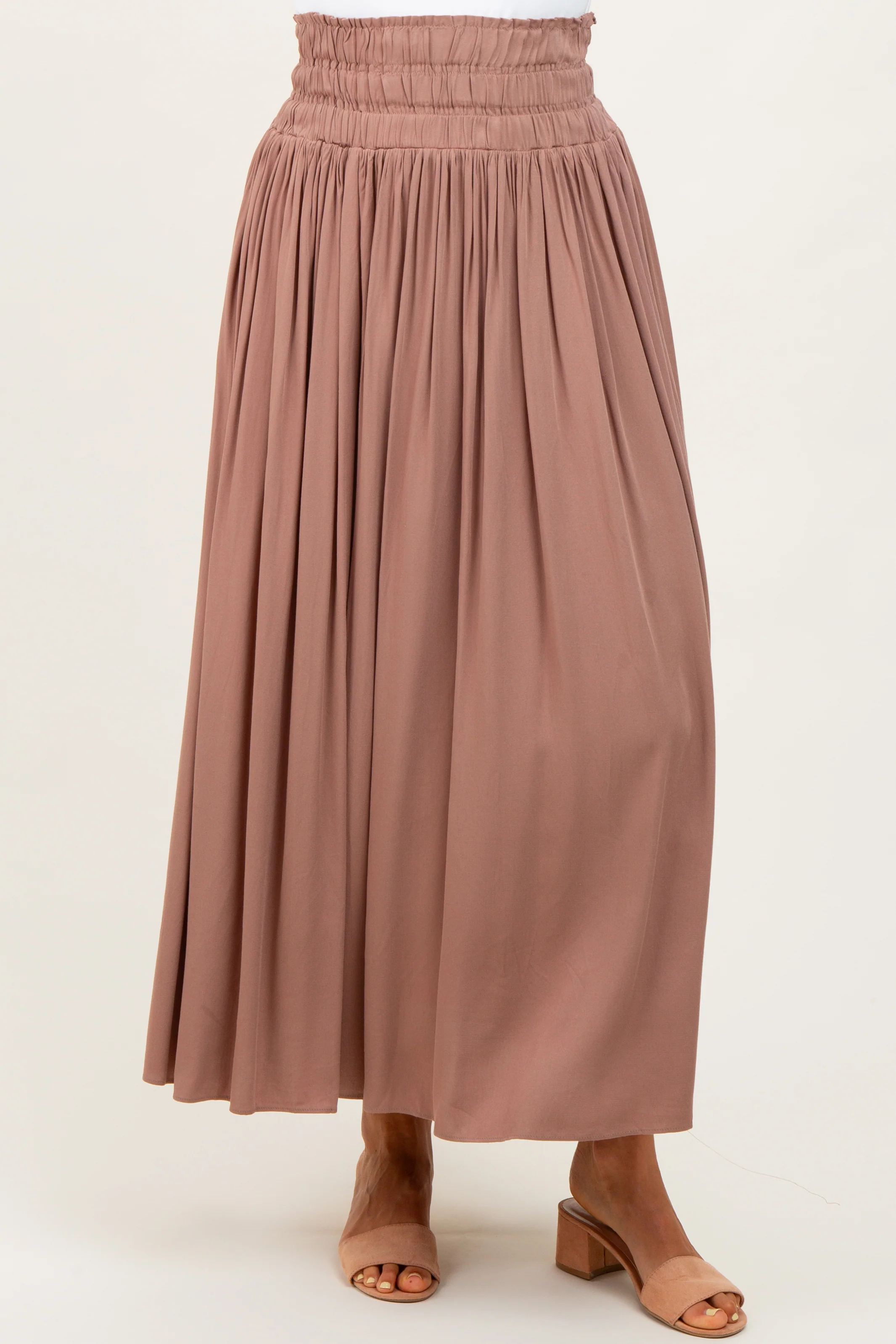 Mocha Smocked Waistband Pleated Maxi Skirt - Image 3