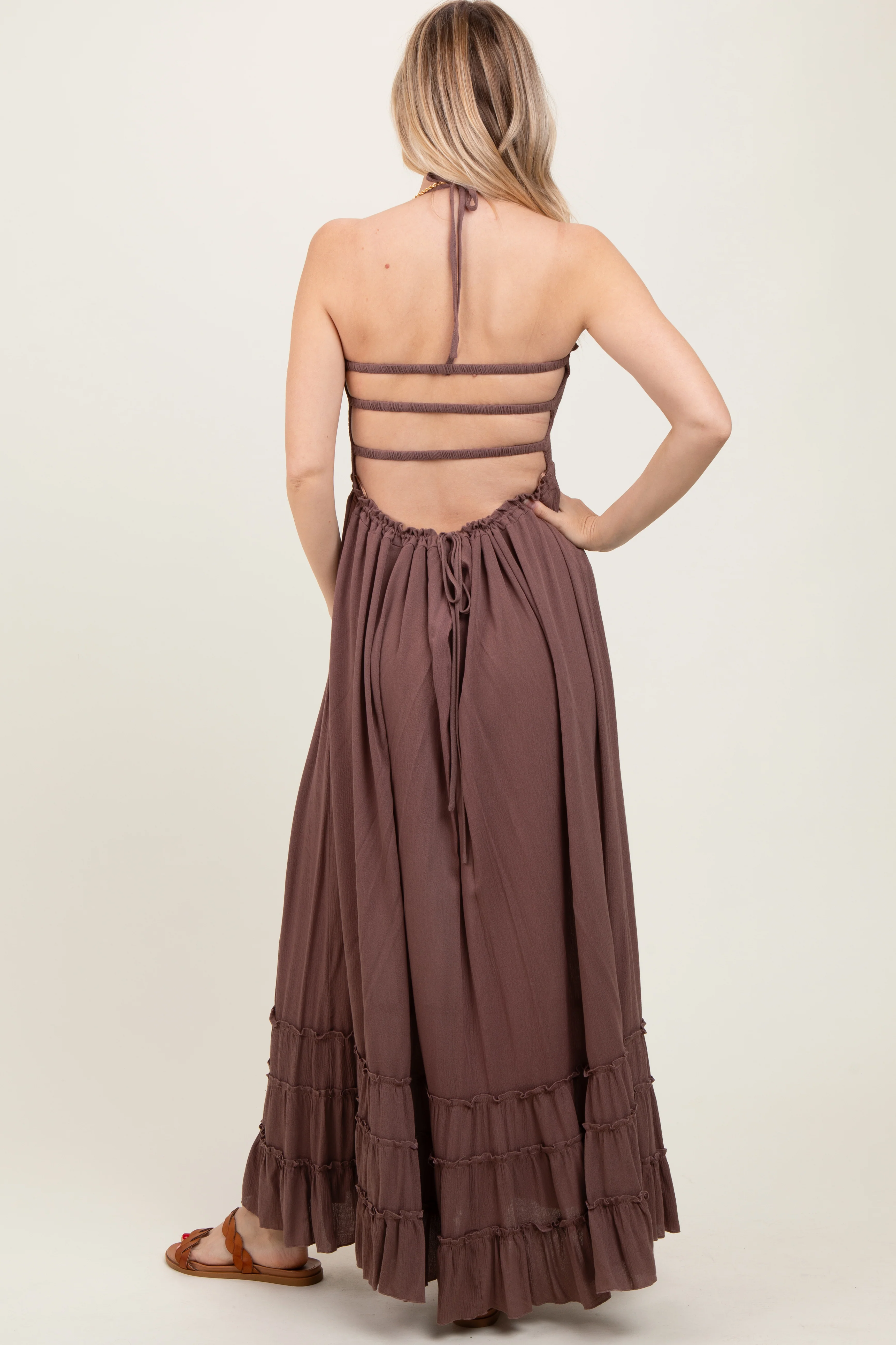 Mocha Smocked Woven Maxi Dress - Image 3